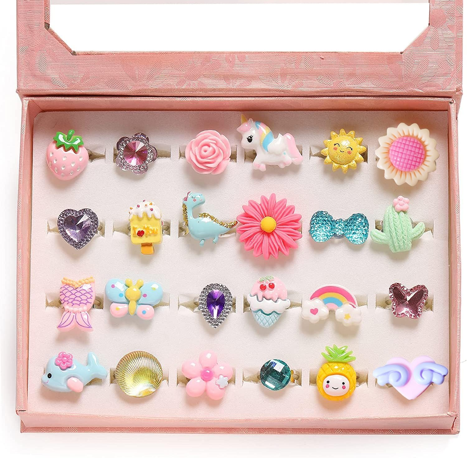 Little Girl Jewel Rings in Box, Adjustable, No Duplication, Girl Pretend Play and Dress up Rings (24 Lovely Ring) and Children'S Decompression Cute Toy Cartoon Bag image number 2