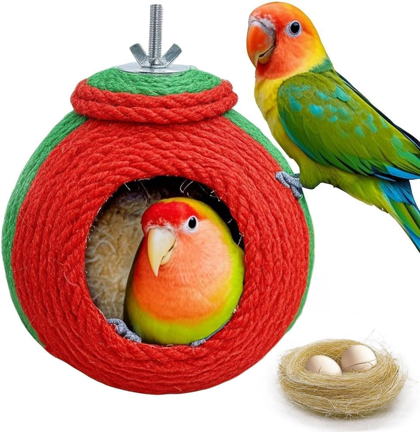 Kathson Bird Nest, Parrot Rearing House, Parakeet Hut Made of Coconut Shell, Hanging Budgie Nesting House with Coconut Fibre, Cockatiel Bed for Parakeet Lovebird image number 5