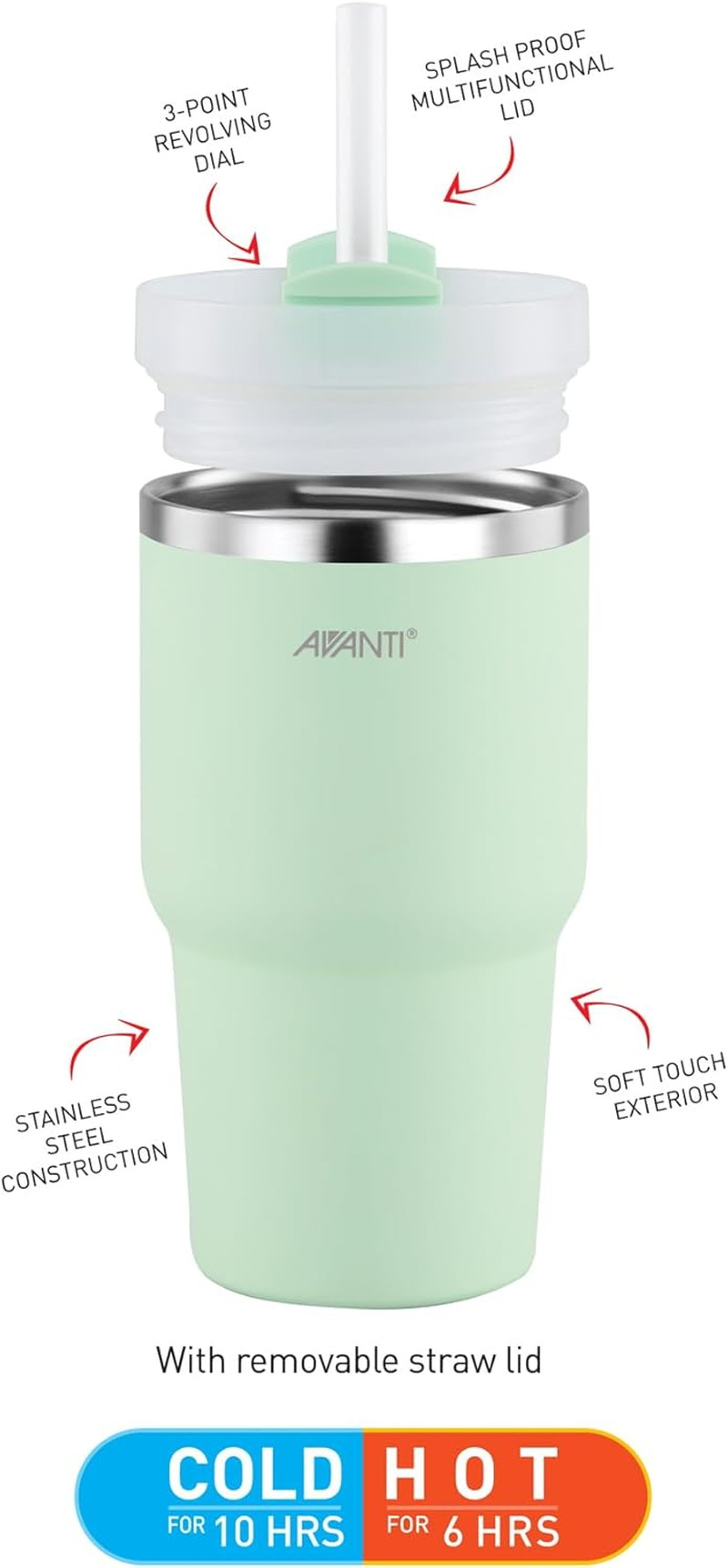 Avanti Hydroquench Stainless Steel Insulated Smoothie Tumbler with 2 Lids 550Ml, Soft Mint - Agave image number 5