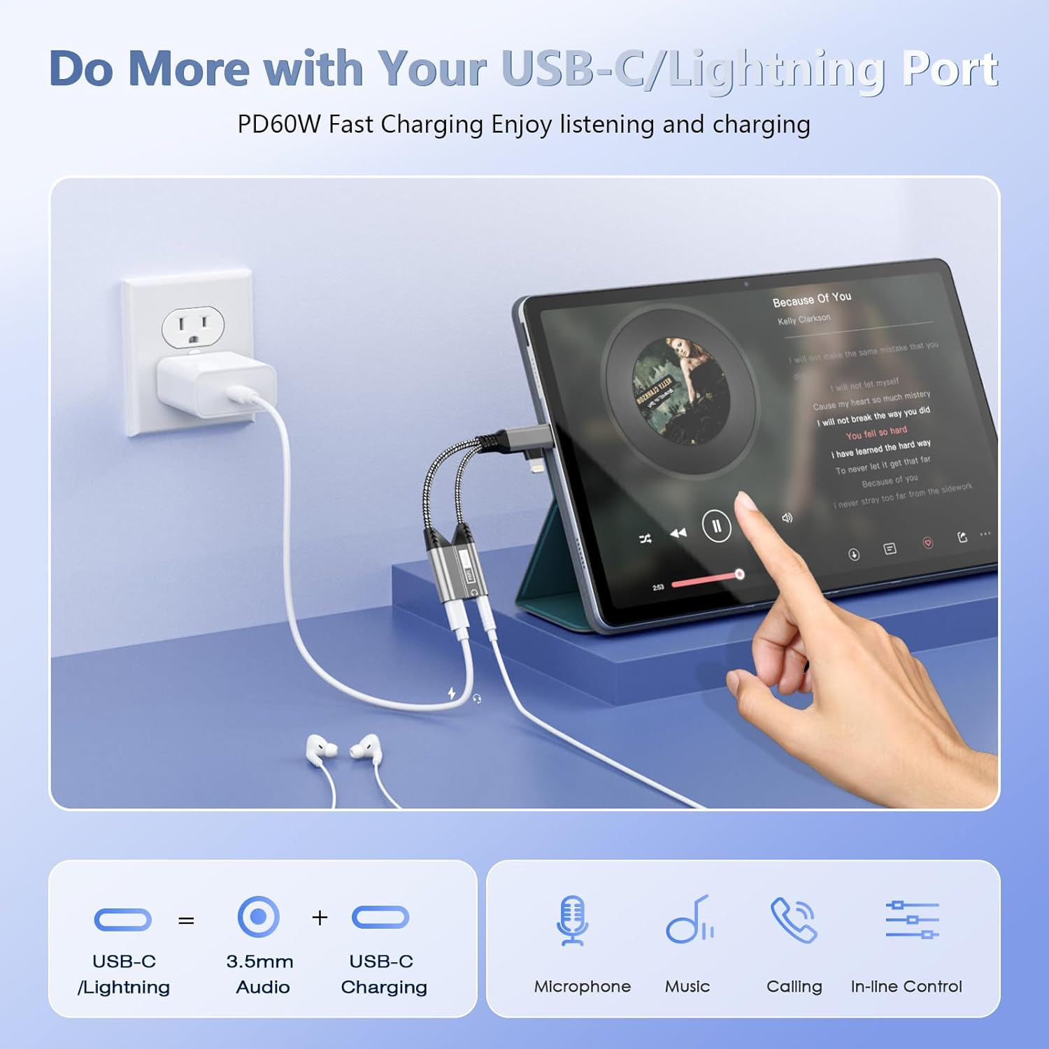 2 in 2 Magnetic Lightning + USB C to 3.5Mm Headphone Jack and Charger Adapter for Iphone, PD60W Hi-Res Aux Audio Headphone Splitter Cable Adapter for Iphone 16 15 14 13 12 11 Xr/Ipad/Ipad/Samsung S25 image number 3