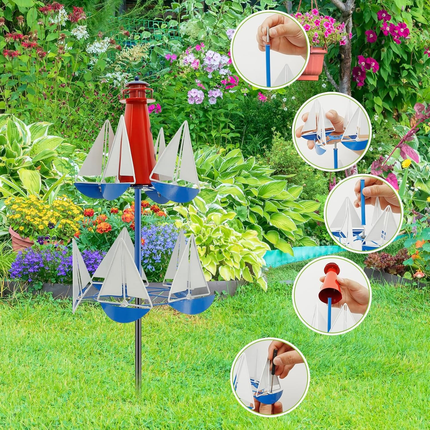 Sailboat Windmill D&eacute;cor Metal Lighthouse Sailing Wind Spinner Summer Lighthouse Sailboat Windmills Garden Wind Spinner Sculpture Creative Nautical Art Ornament for Garden Yard Lawn Outside image number 4