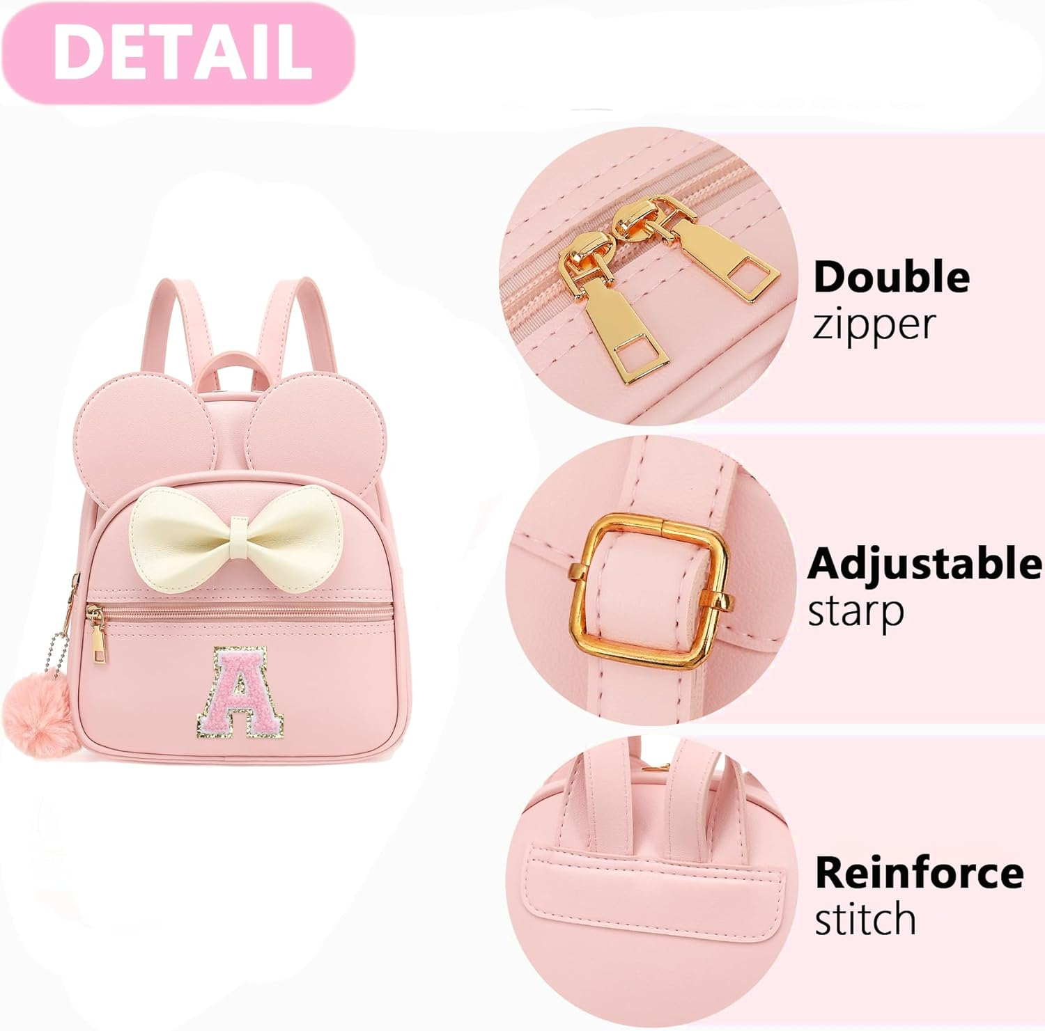PRLINJSK Initial Mini Backpack for Girls Toddler Kids, Small Mouse Personalized Bowknot Purse Gift - Glitter Pink S image number 3