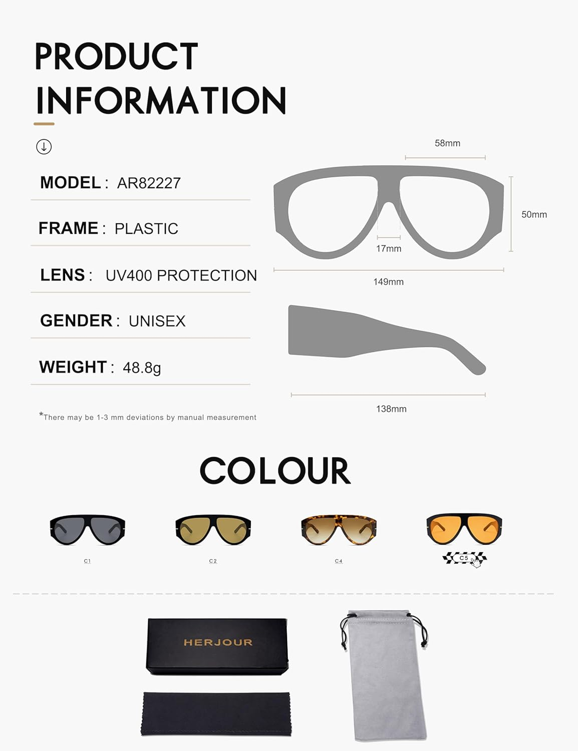 HERJOUR Oversized Retro Aviator Sunglasses Womens Mens 70S Classic Vintage Sun Glasses AR82227 - Deep Black+Black/Green image number 3