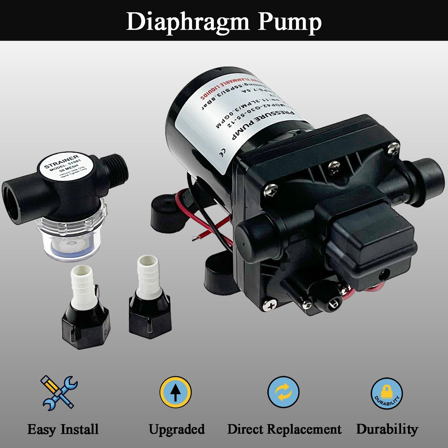 3.0 GPM 12V 55 PSI Revolution Water Pump Compatible with Camper, RV, Shower, Sprayer Replace# 4008-101-A65, 4008-101-E65 Diaphragm Pump RV Water Pump image number 5