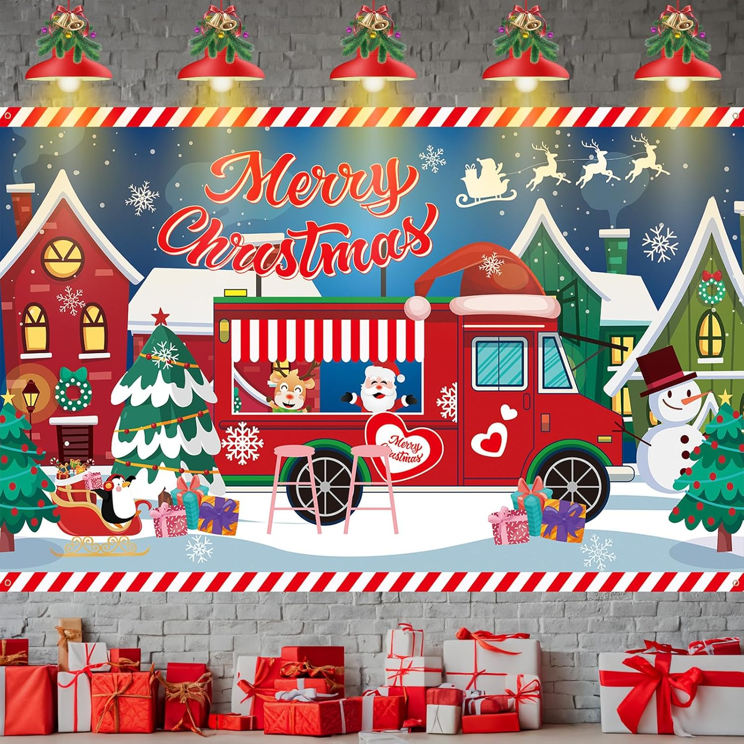 Xtralarge Christmas Banner, Merry Christmas Banner Outdoor with Santa Claus Reindeer Backdrop, Christmas Decorations Hanging Yard Banner Poster Sign for Outdoor Wall New Year Christmas Party Supplies