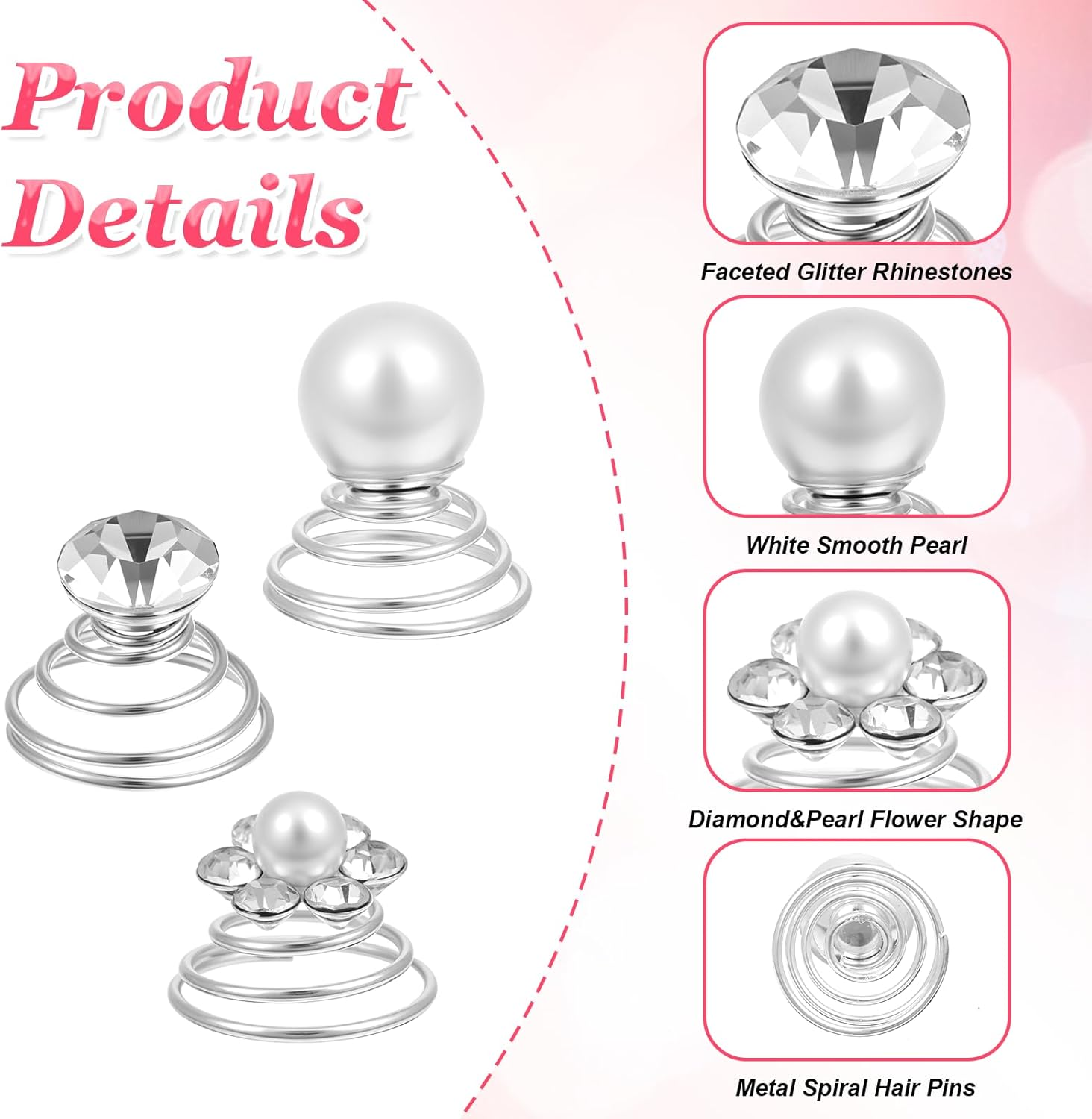 60 Pcs Gems Rhinestone Twister Hair Studs Set, Diamond Spiral Pearl Flower Jewels Hair Pins Silver Rhinestone Hairpin Coil Decorative Accessories for Bridal, Bridesmaid Wedding Party (3 Styles)