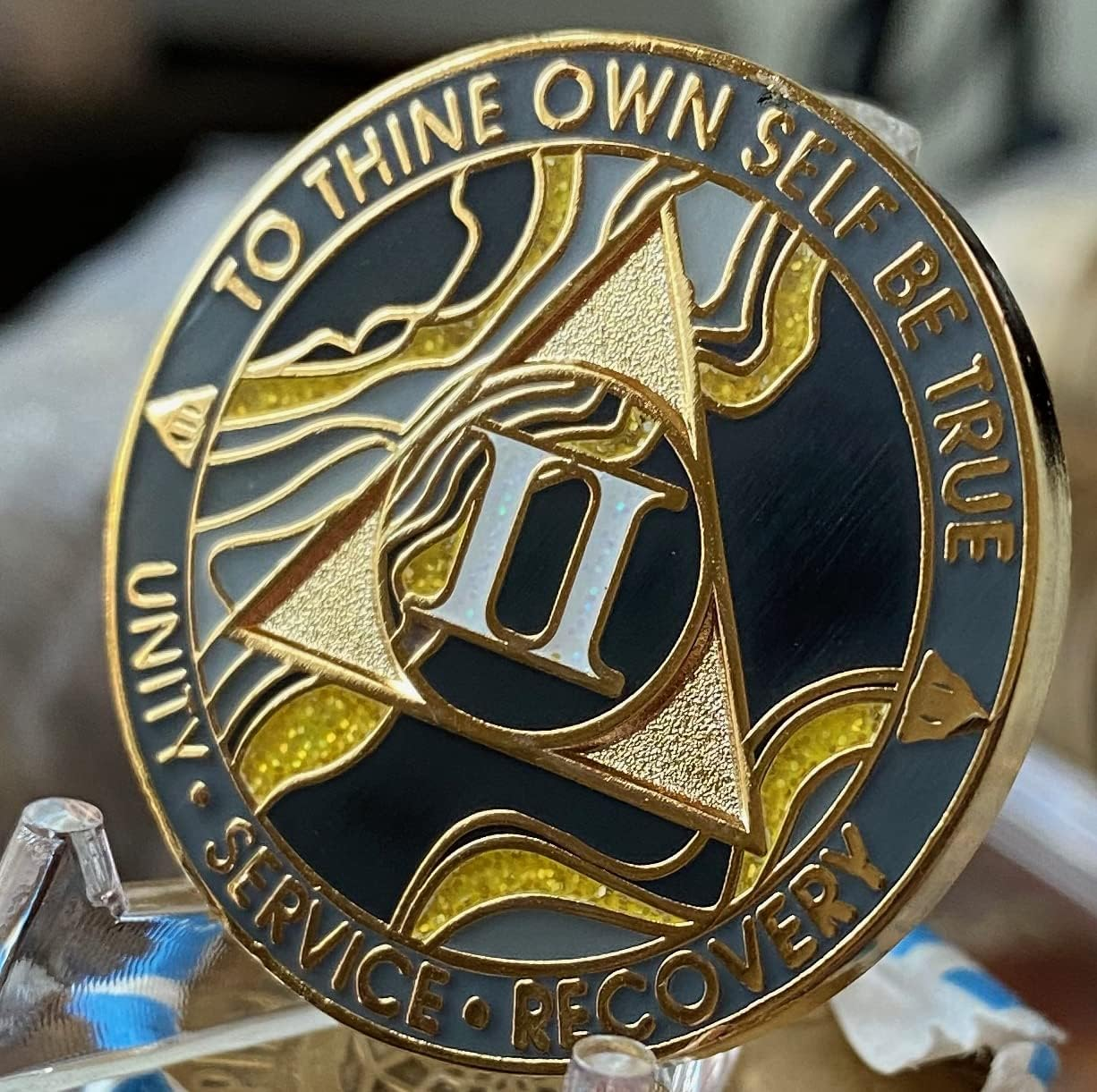 2 Year AA Medallion Elegant Black Marble Gold Glitter Gold Plated Chip