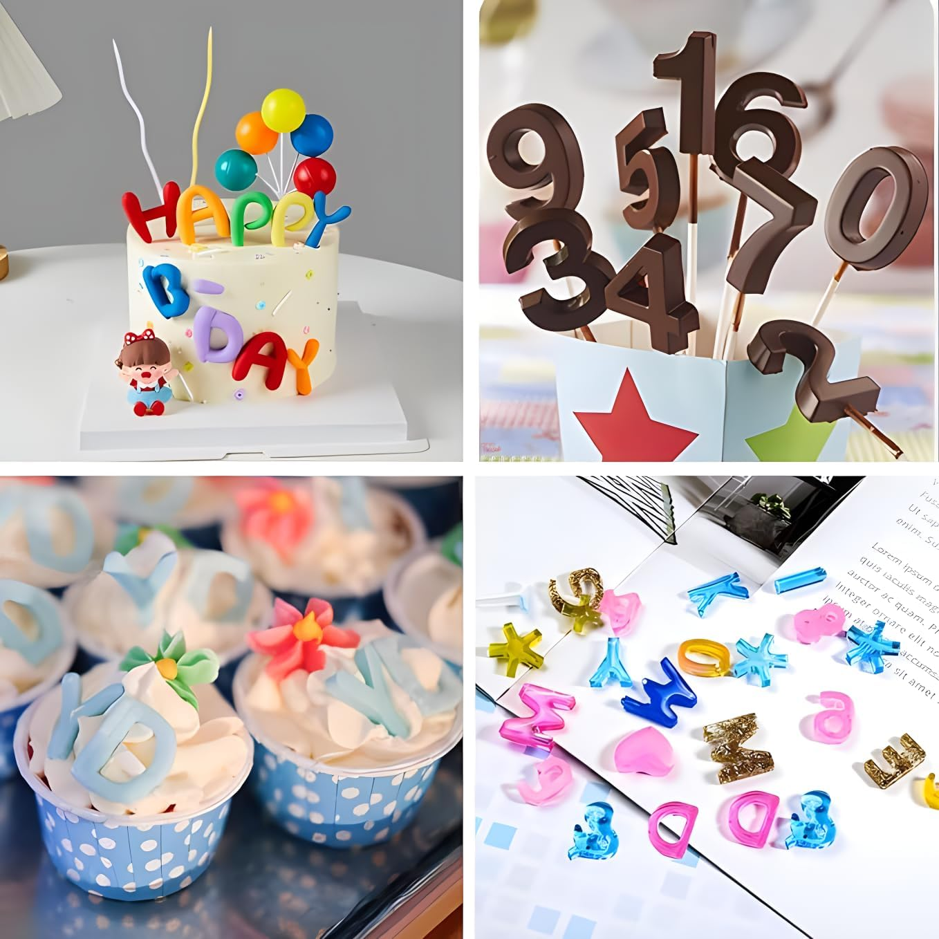 Chocolate Silicone Mold, 2 Pcs Silicone Letter Molds and 2 Pcs Number Chocolate Molds with Happy Birthday Cake Decorations Symbols for DIY Cookies, Chocolate, Candy, Jelly.