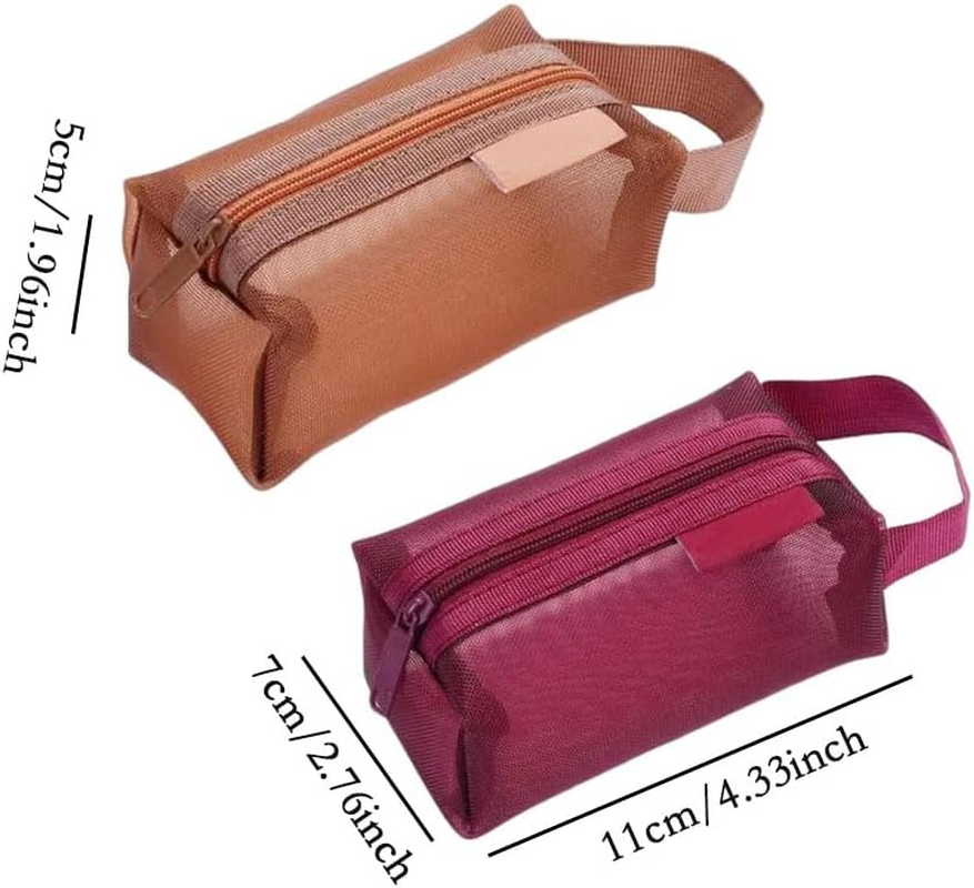 3Pcs Portable Square Mesh Storage Bag, Zippered Cosmetic Bag, Small Coin Purse Travel Carry Pouch (Red+Brown+Dark Blue)