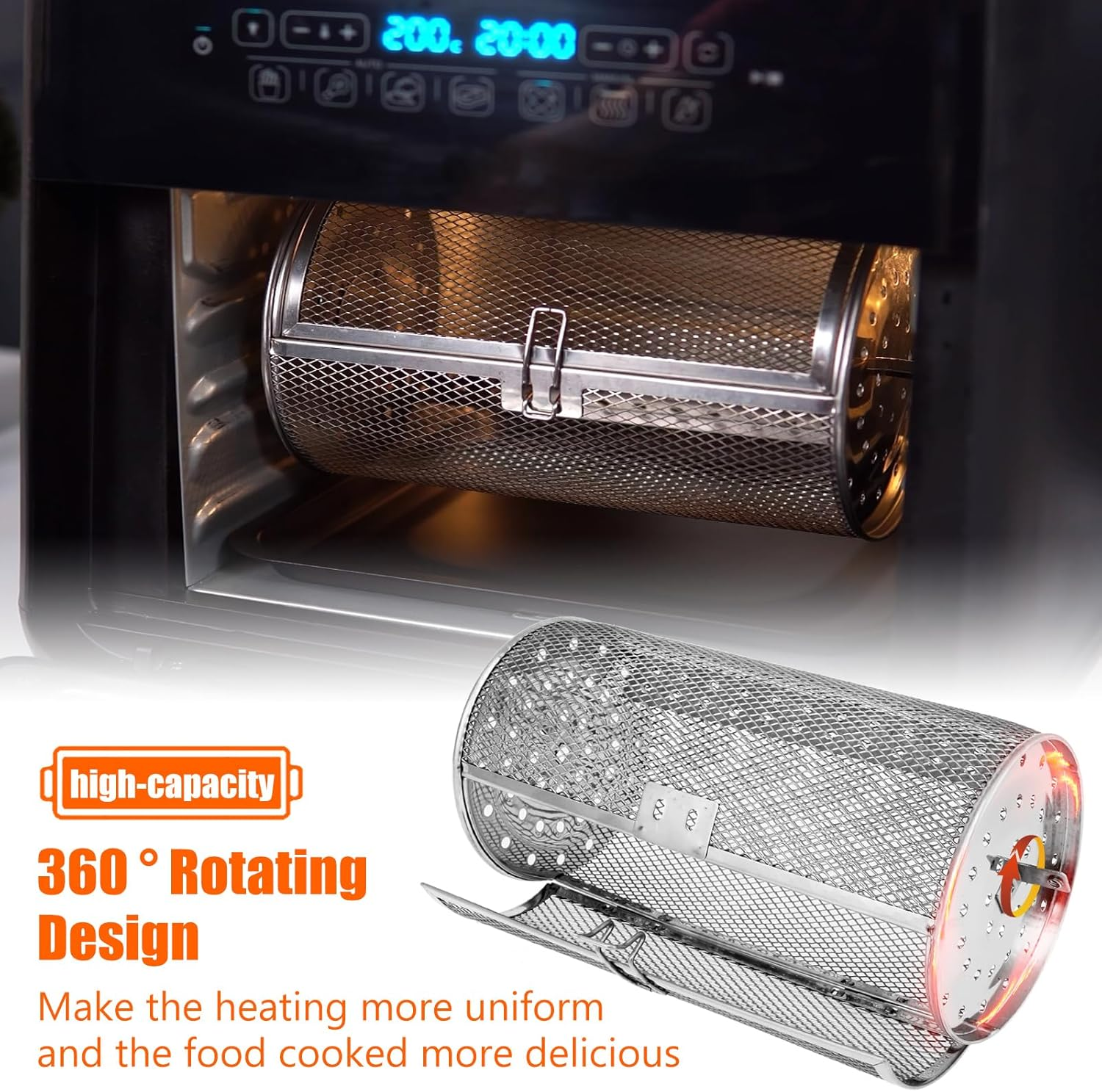 Stainless Steel Rotating Grill Basket, 360 Degree Rotation BBQ Grill Cage for Vegetable Fries Fish Shrimp, Dishwasher Safe Rolling Grilling Basket for Outdoor BBQ (Style3) image number 5