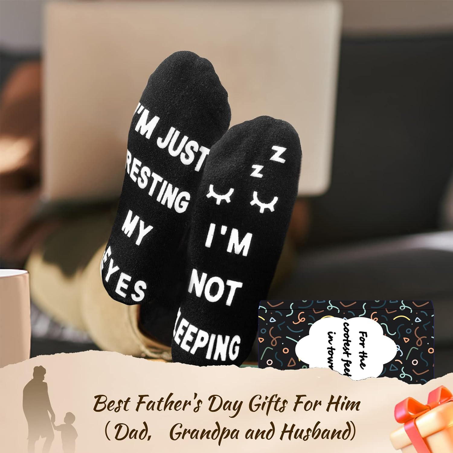 Funny Socks for Men with Gift Box, Dad Christmas Novelty Gifts, Gifts Birthday Funny Socks Mid Tube for Men Fathers Day Present (I'M Not Sleeping, I'M Just Resting My Eyes) image number 4
