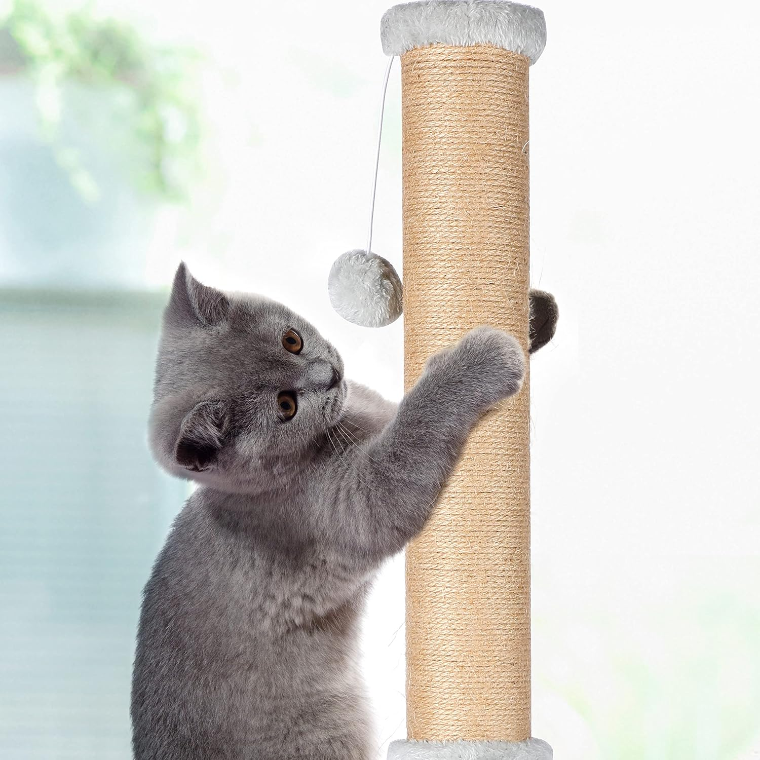 Fluffydream 37'' Cat Scratching Post, Natural Sisal Rope Scratcher with Dangling Teaser Ball and Covered with Soft Plush for Kittens and Adult Cats, Sand Color (Cat Tree 37") image number 3