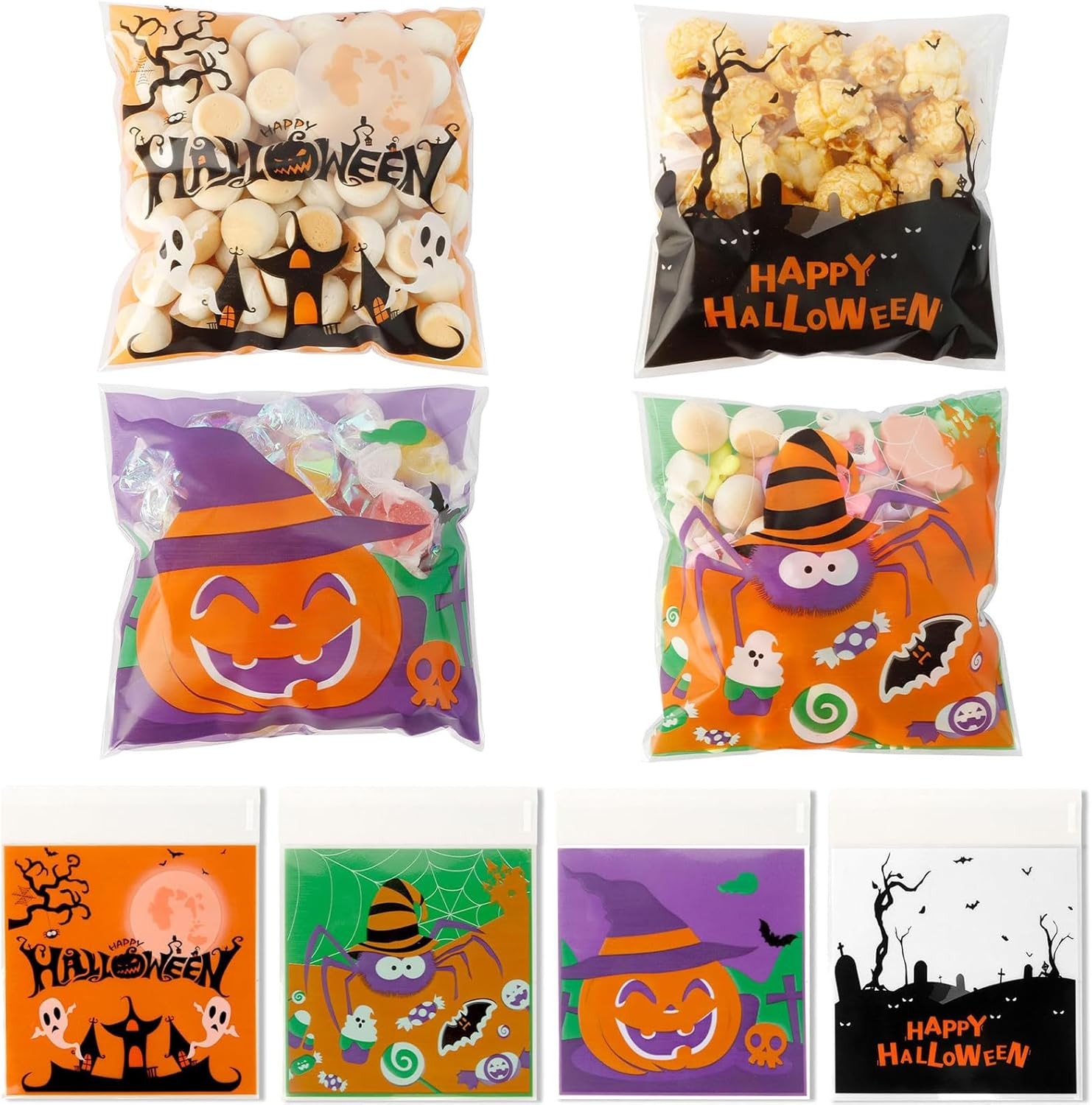 Halloween Cookie Bags,200 Treat Bags,Self Adhesive Gift Bag, 4X4 Inches Plastic Candy Bag for Packaging Candy, Snacks, and Cookies. image number 1
