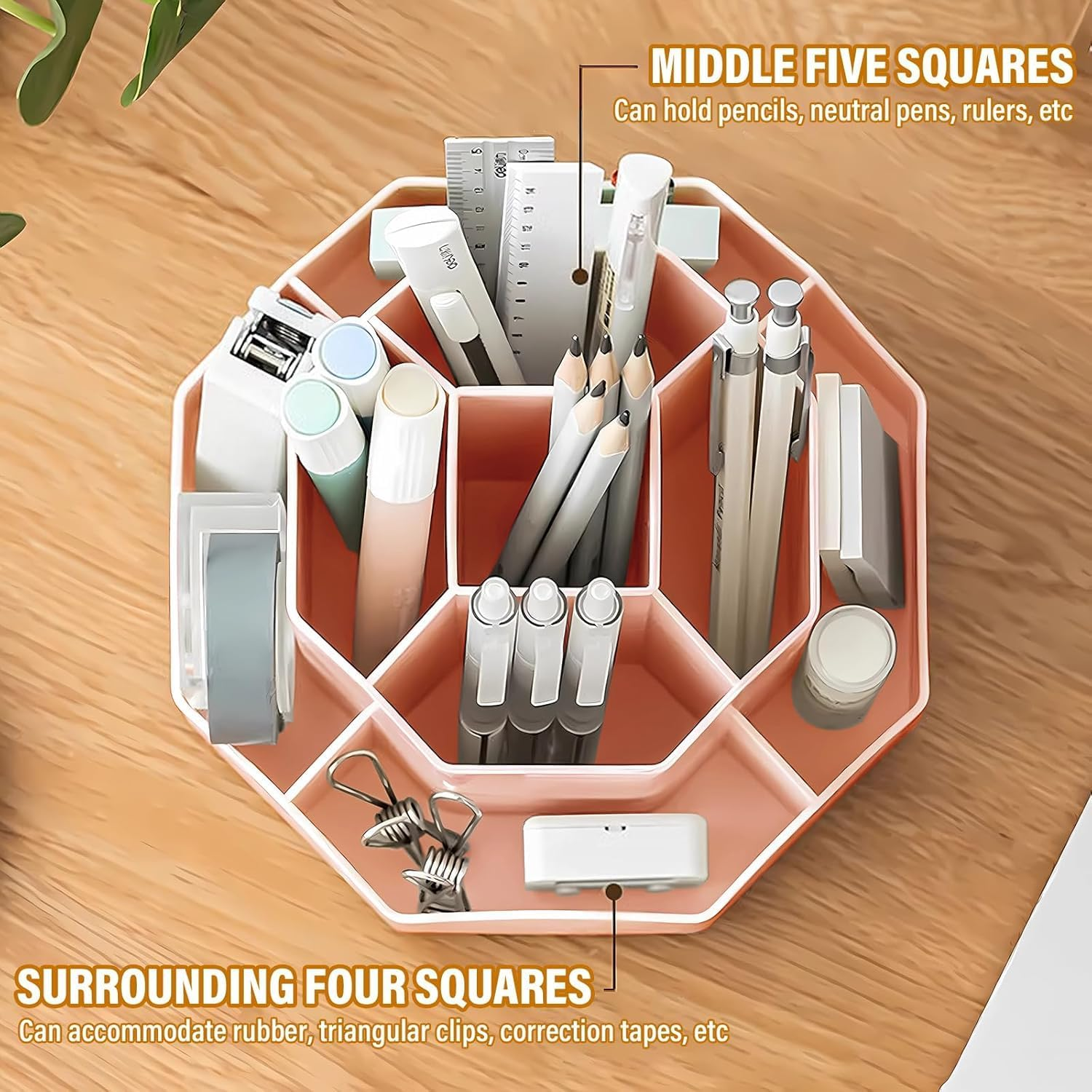 Pencil Pen Holder for Desk, 9 Slots 360 Degree Rotating Desk Organizer, Cute Pen Organizers Stationery Supplies for Office Home & Art Supply (Pink) image number 2