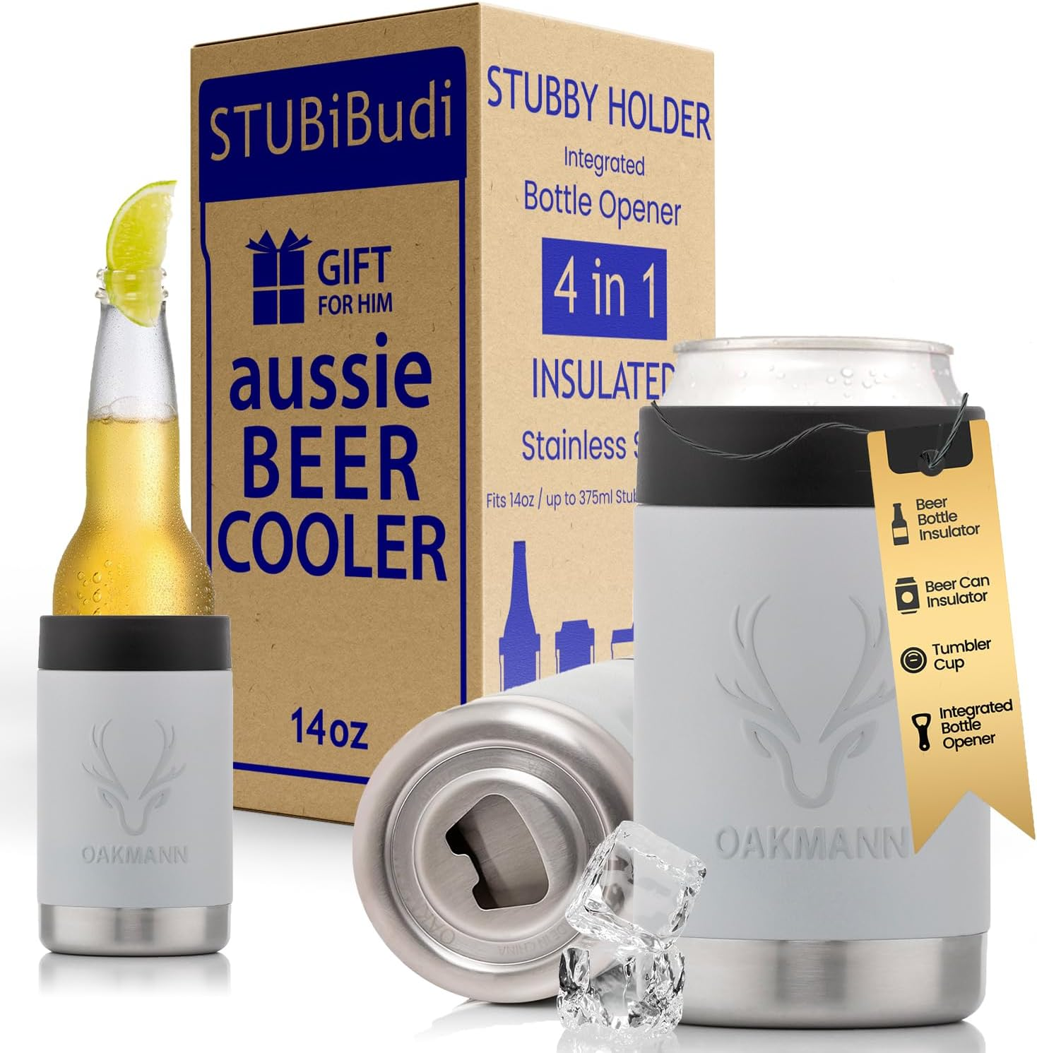 OAKMANN Stubby Holder Beer Cooler & Bottle Opener 4 in 1, Insulated Can Cooler Beer Holder & Tumbler, Stainless Steel to Fit Bottles & Cans up to 375Ml, Ultimate Beer Gifts for Men Dad Birthday (Navy)