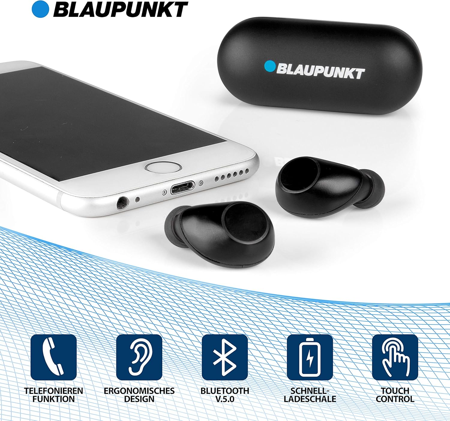 BLAUPUNKT BTW 10 Bluetooth 5.0 Headphones - True Wireless Stereo Earbuds with Touch Control, Portable Charging Case, Microphone & USB-C Port; Sport In-Ear Headphones - Black image number 5