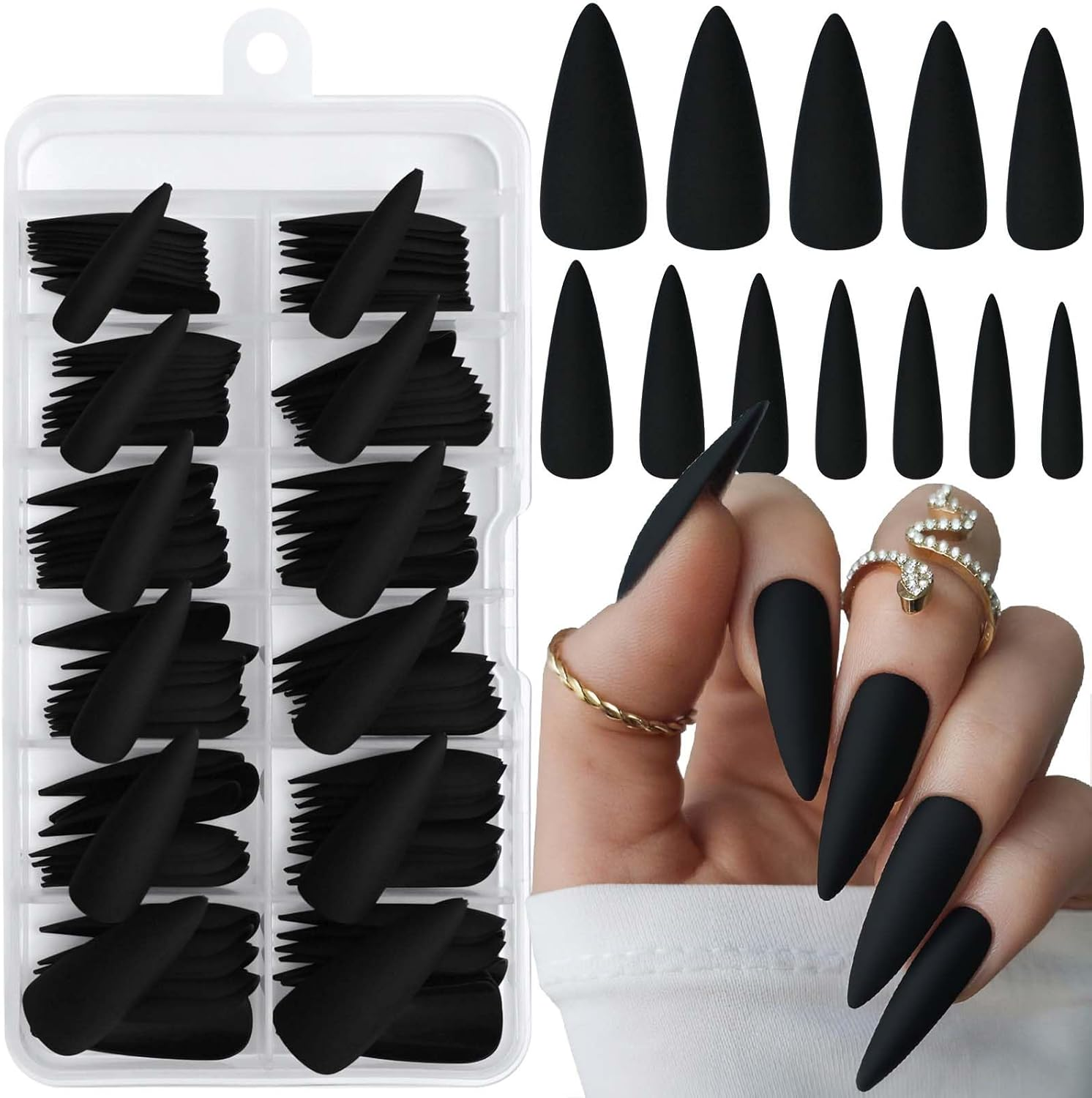 Loveourhome 100Pc Stiletto Press on Nails Long Matte Artificial False Nails Full Cover Acrylic Nail Tips Halloween Manicure Design Decor for Women Girls Salon Home DIY (Black)