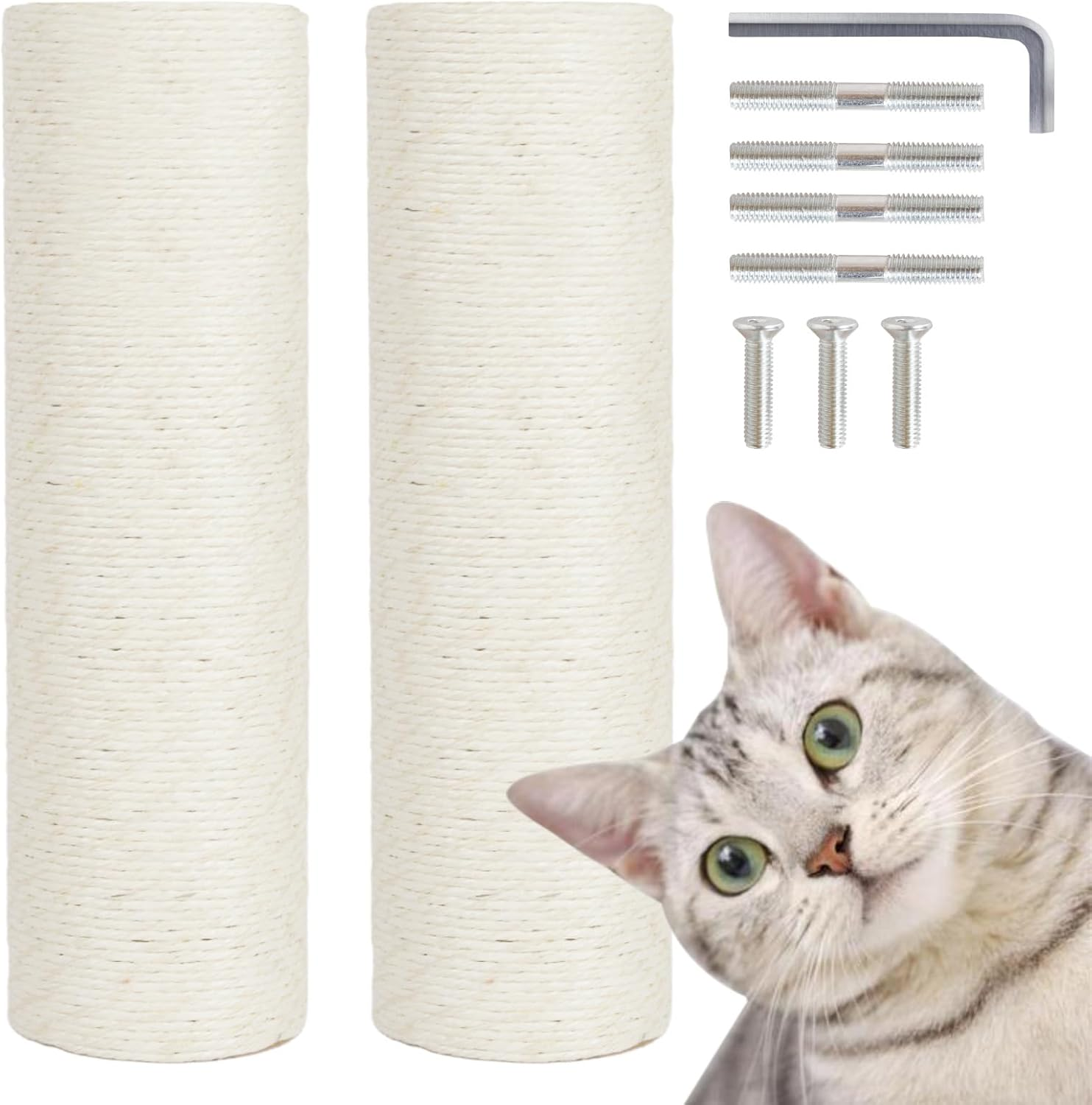 Pinkgarden Replacement Cat Scratching Post Sisal 40Cm 4.5" Thick Pack of 2 M8 Replacement Scratching Post Parts for Renovation White Includes Screws (Natural)