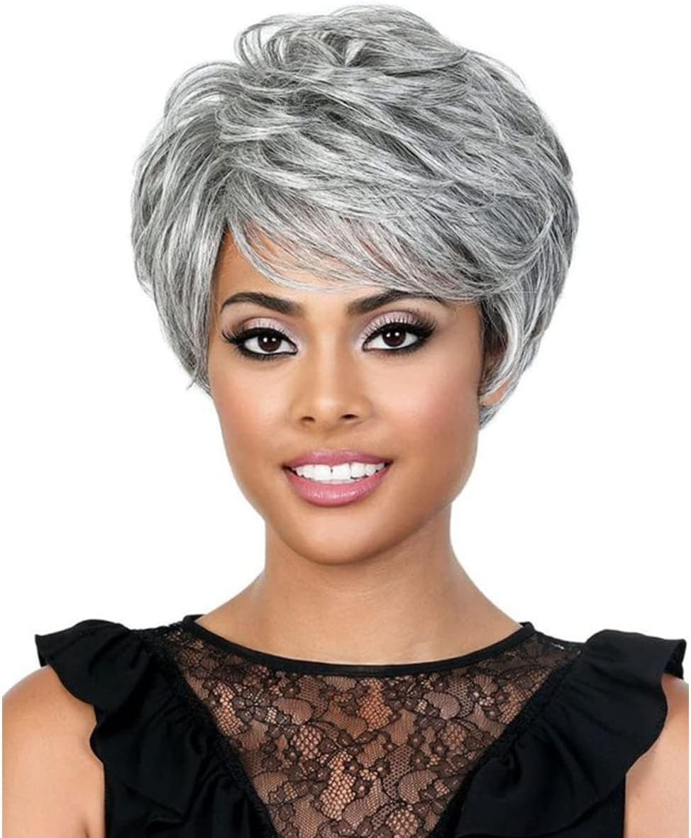 BECUS Grey Short Wig Ombre Gray Pixie Cut Short Wigs for Women with Dark Root Synthetic Natural Hair Wig image number 3