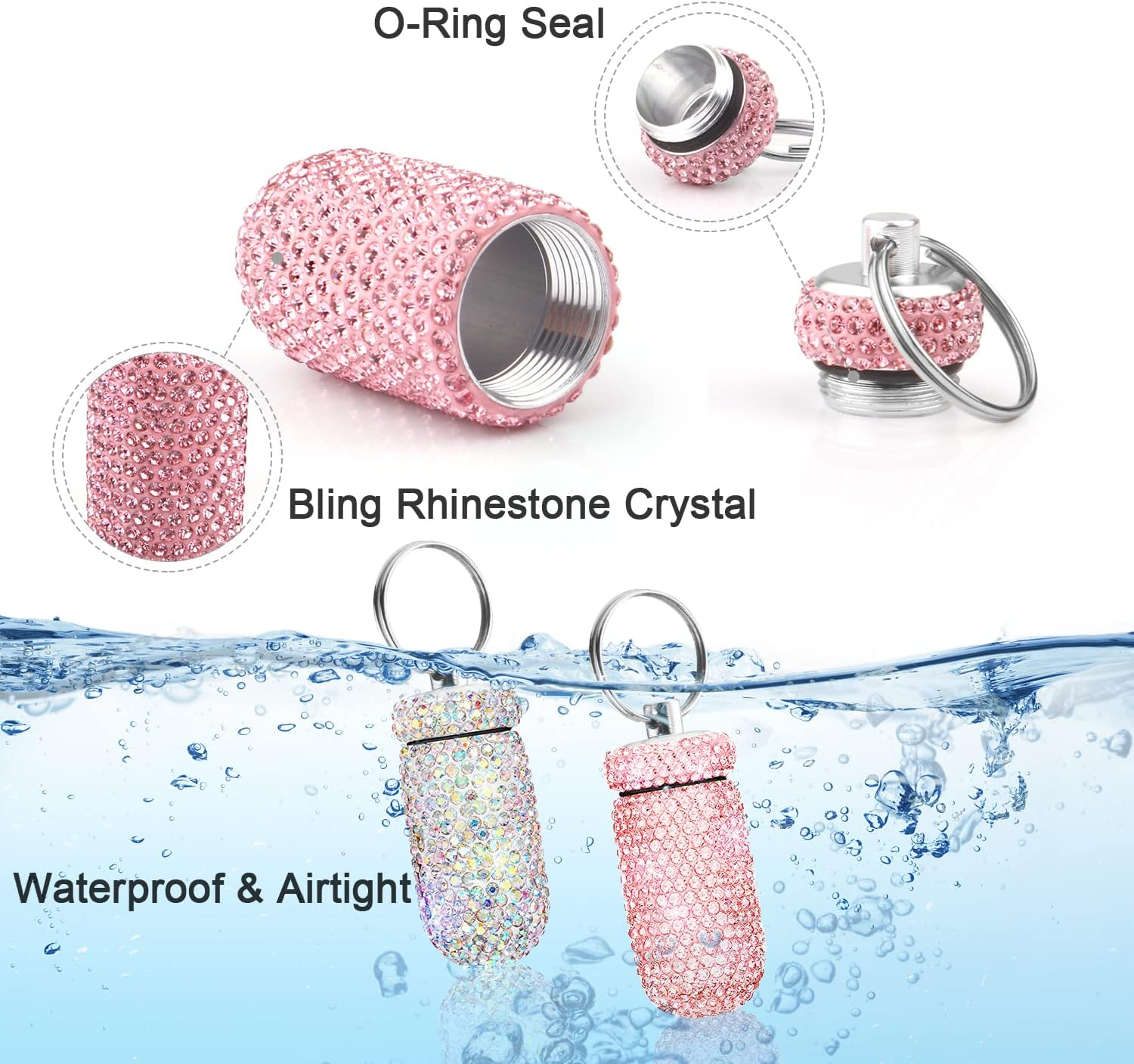 2 Pack Portable Pill Case Bling Rhinestone Pill Container Box Waterproof Medication Holder Organizer Bottle with Keychain for Outdoor Camping Travel Purse Pocket image number 2