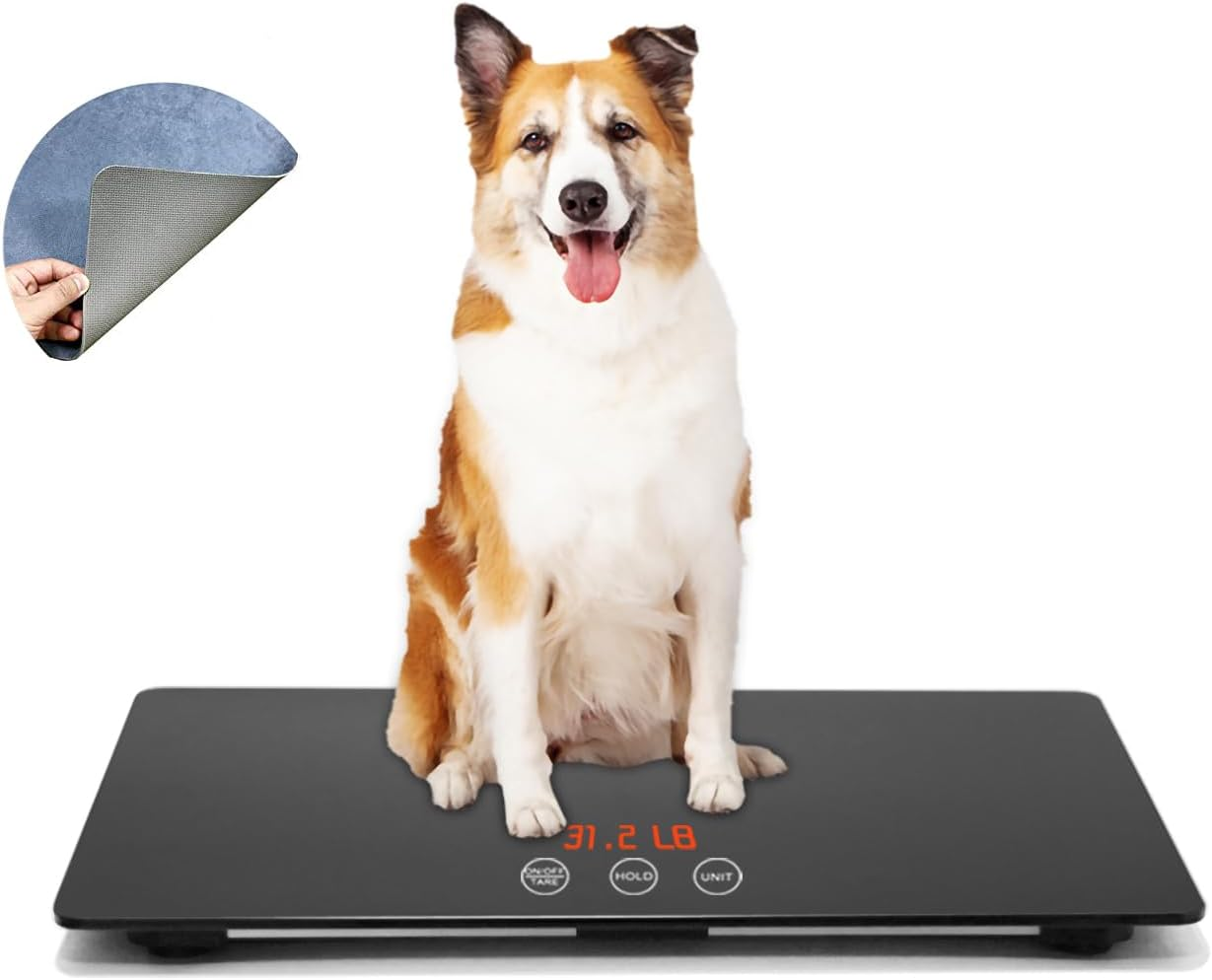 Digital Pet Scale to Measure Dog and Cat with 3 Weighing Modes, Kg, Oz, Lb, 220 Pound, Lbs, Capacity with Precision of 10G, Black 25.6 17.7Inch