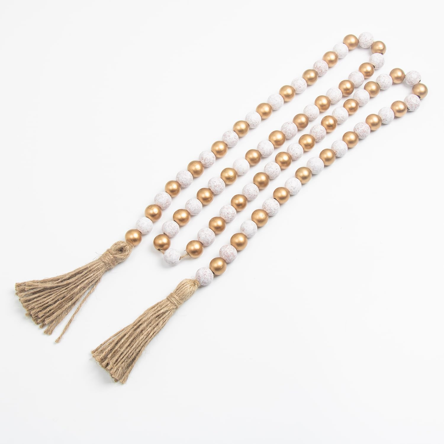 Wood Bead Garland with Tassels Home Decor Beads Prayer Beads Farmhouse Beads Wall Hanging Decor (143,Gold&Wash White) image number 5