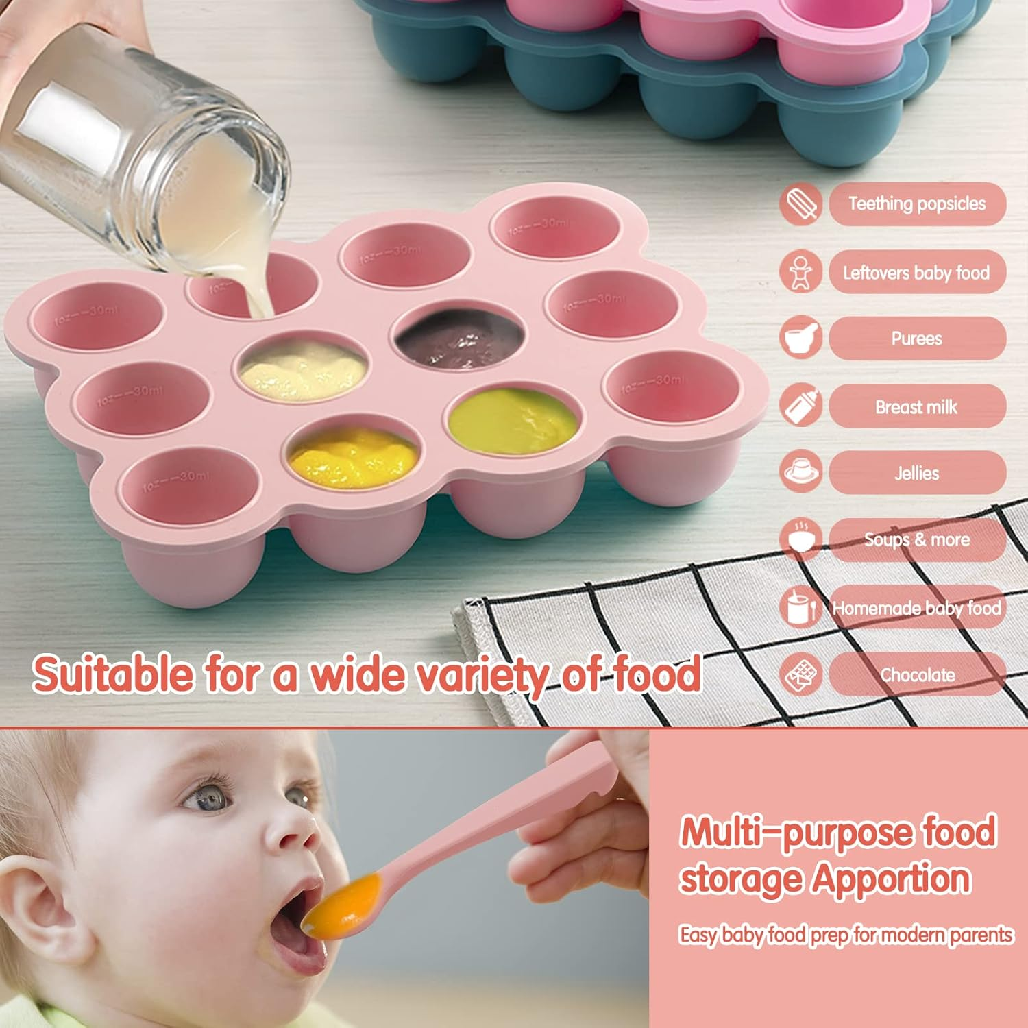 Baby Food Storage Container - 12 X 1.5Oz Silicone Baby Food Freezer Tray with Silicone Lid, Perfect for Homemade Purees, Vegetables & Fruits - Gossamer Pink - Gossamer Pink image number 3