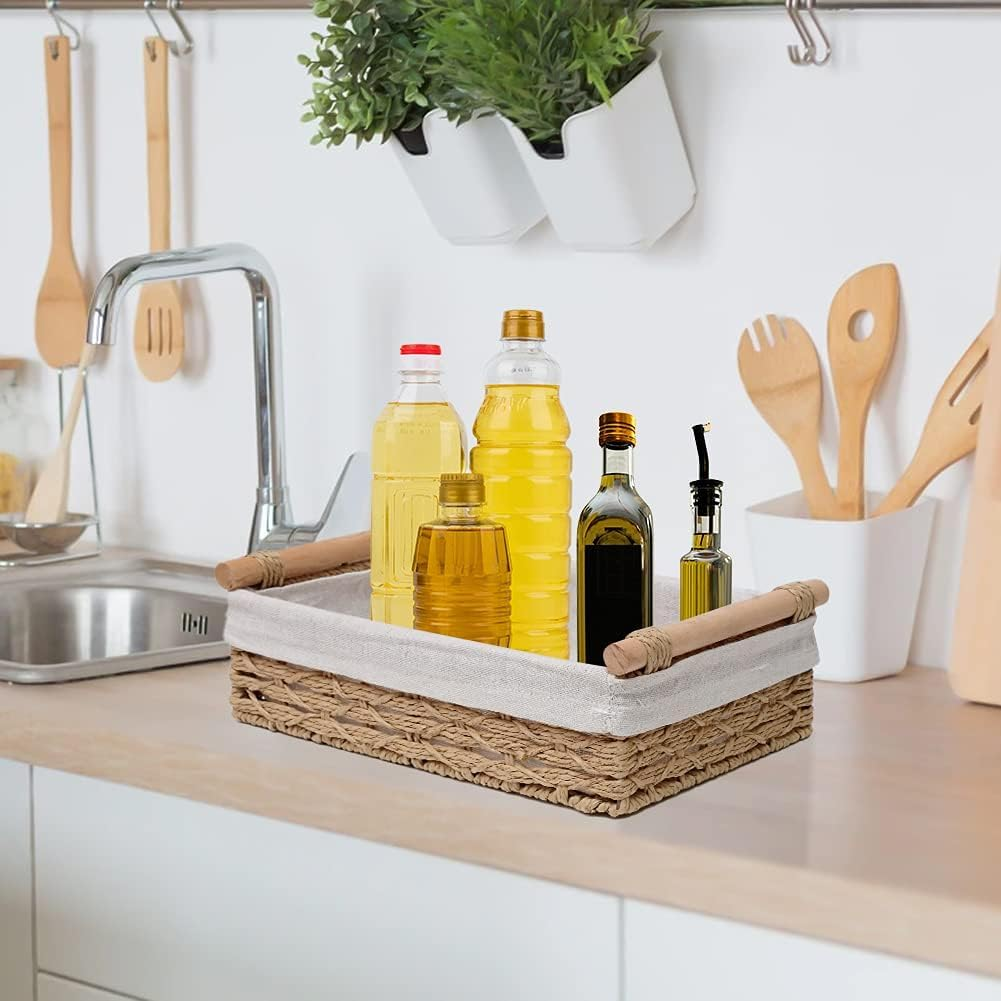 MZDMY Storage Basket,Storage Organiser, Toilet Paper Basket, Countertop Decoration Box, Wicker Basket for Home Decoration and Bathroom Organization with Handles 2-Piece Set (Beige) image number 5