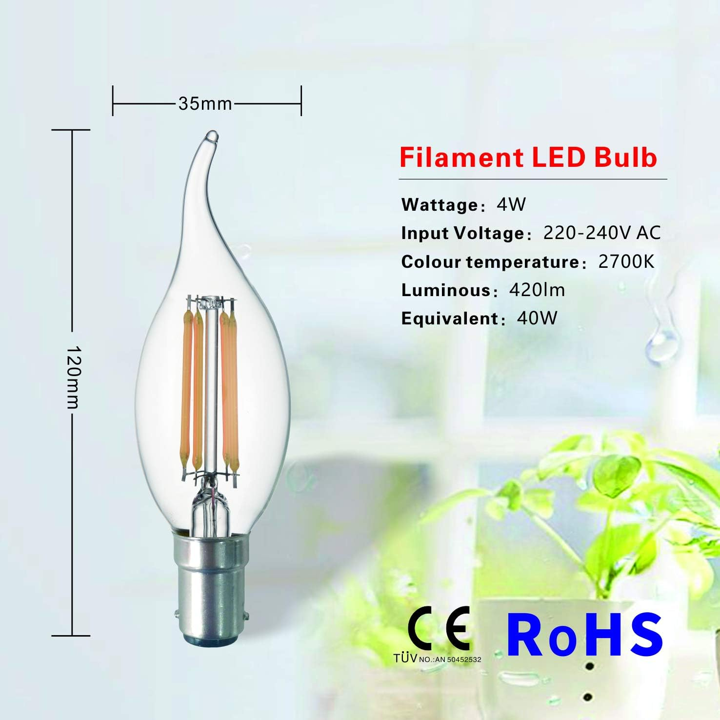 SD LUX LED Candle Bulbs Vintage Filament Led Light Bulbs,No Flicker Small Edison Bayonet LED Chandelier Bulbs - 4W (40W Equivalent) 450LM Warm White 2700K,6 Packs. (CA35-B15) image number 5