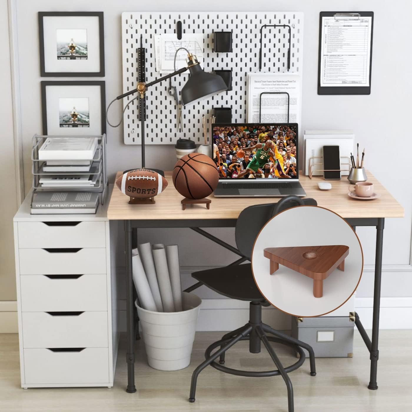 Wall Mount Ball Display Holder, Rustic Brown Wood and Metal, Sports Storage Rack image number 2