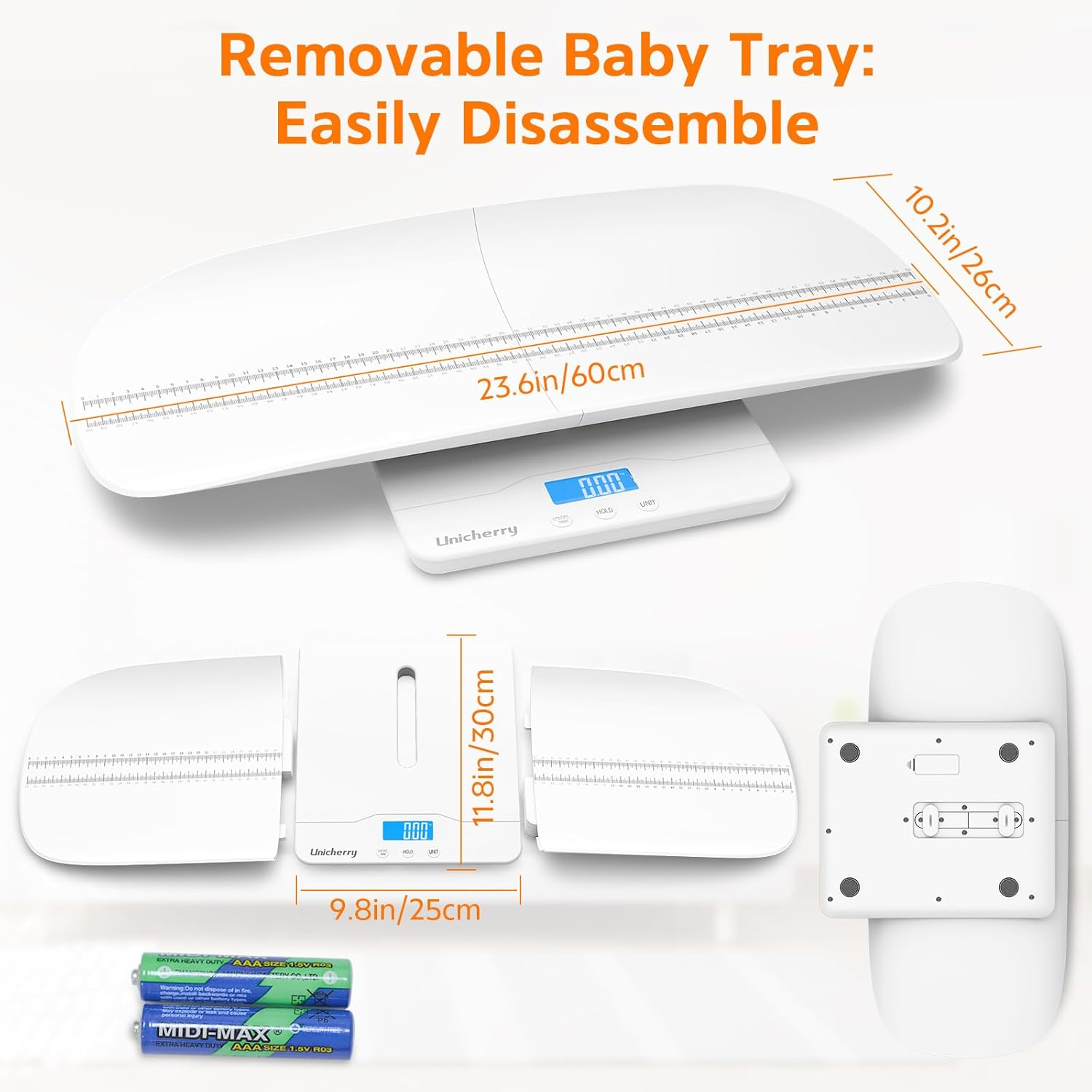 UNICHERRY Baby Scale, Baby Weighing Scale, Multifunctional with Removable Tray, Baby Scale Digital with Tare and Hold Functions, Accurately Measure Baby, Pet and Adult (Max: 100Kg)