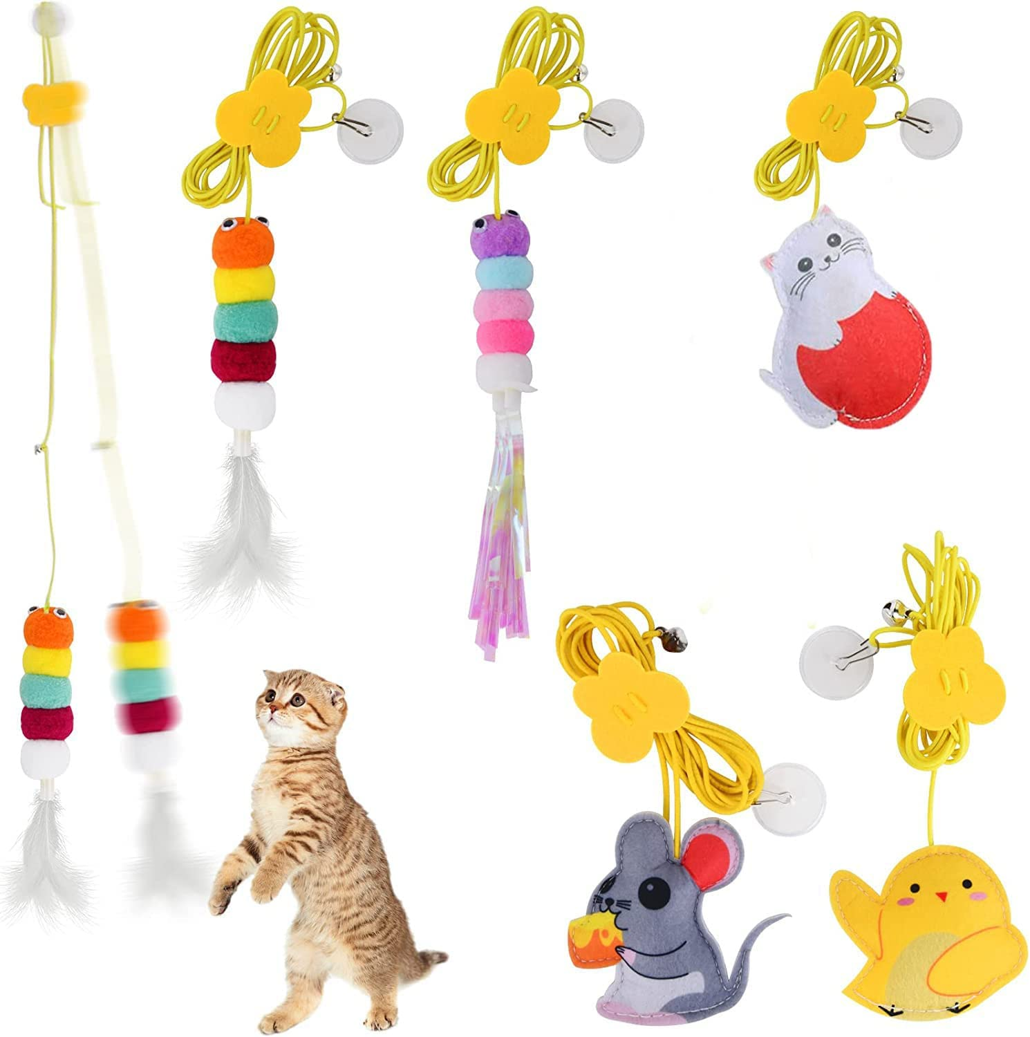 Cat Toys for over the Door, 5PCS Retractable Kitten Jump Exercise Toys, Hanging Cat Toys, Interactive Elastic Rope Cat Teasers, Catnip Feather Mice Kitten Play Chase Practice