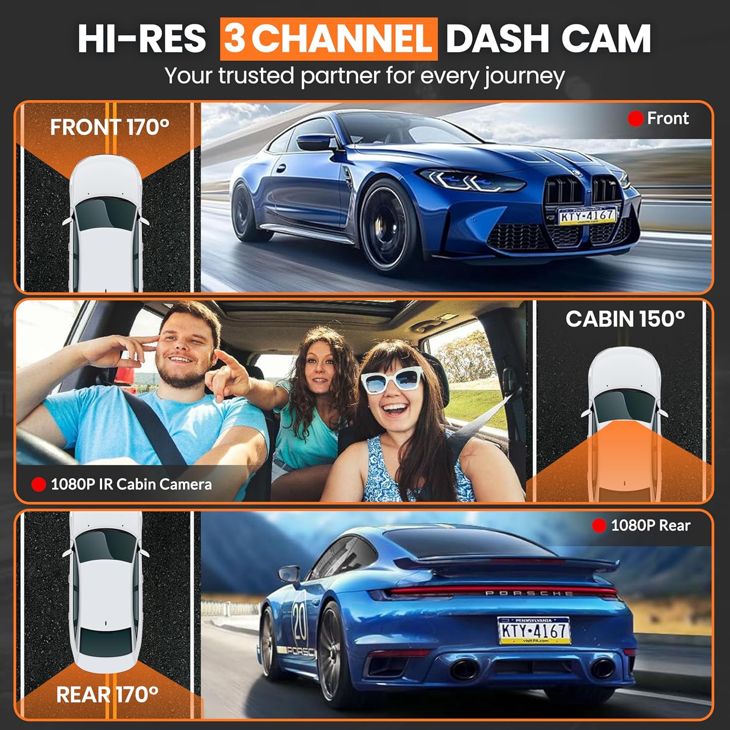 3 Channel Dash Cam Front and Rear, 3.2&rsquo;&rsquo; IPS Screen, Three Way Triple Dashcam for Cars, 1440P+1440P+1080P with STARVIS IR Night Vision, 24H Parking Mode, Motion Detection, WDR image number 6