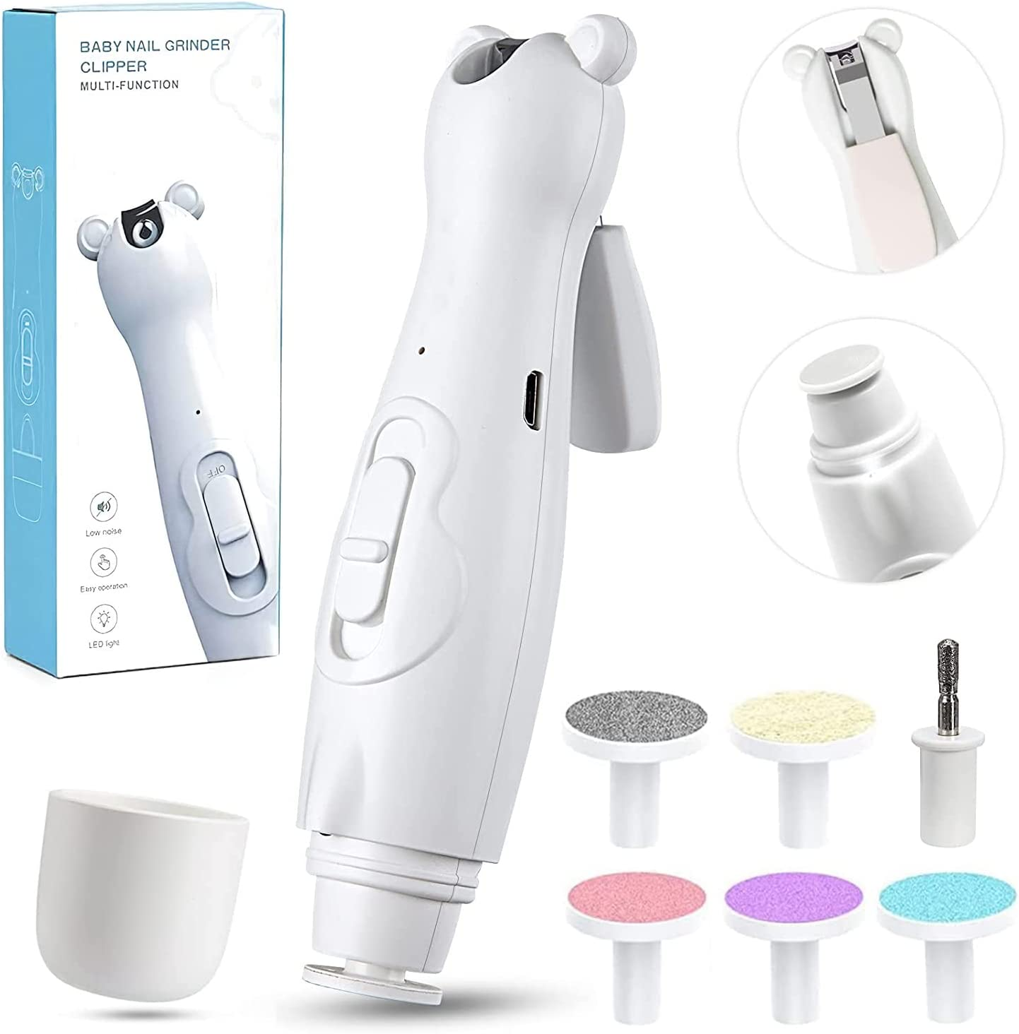 Electric Baby Nail File Trimmer, 2 In1 Rechargeable Baby Nail Clipper Baby Nail File Set with LED Light & 6 Grinding Heads, Care Trim Polish Toes and Fingernail Grooming Manicure Kit for Newborn, Toddler, Kids, Infant (White) image number 4