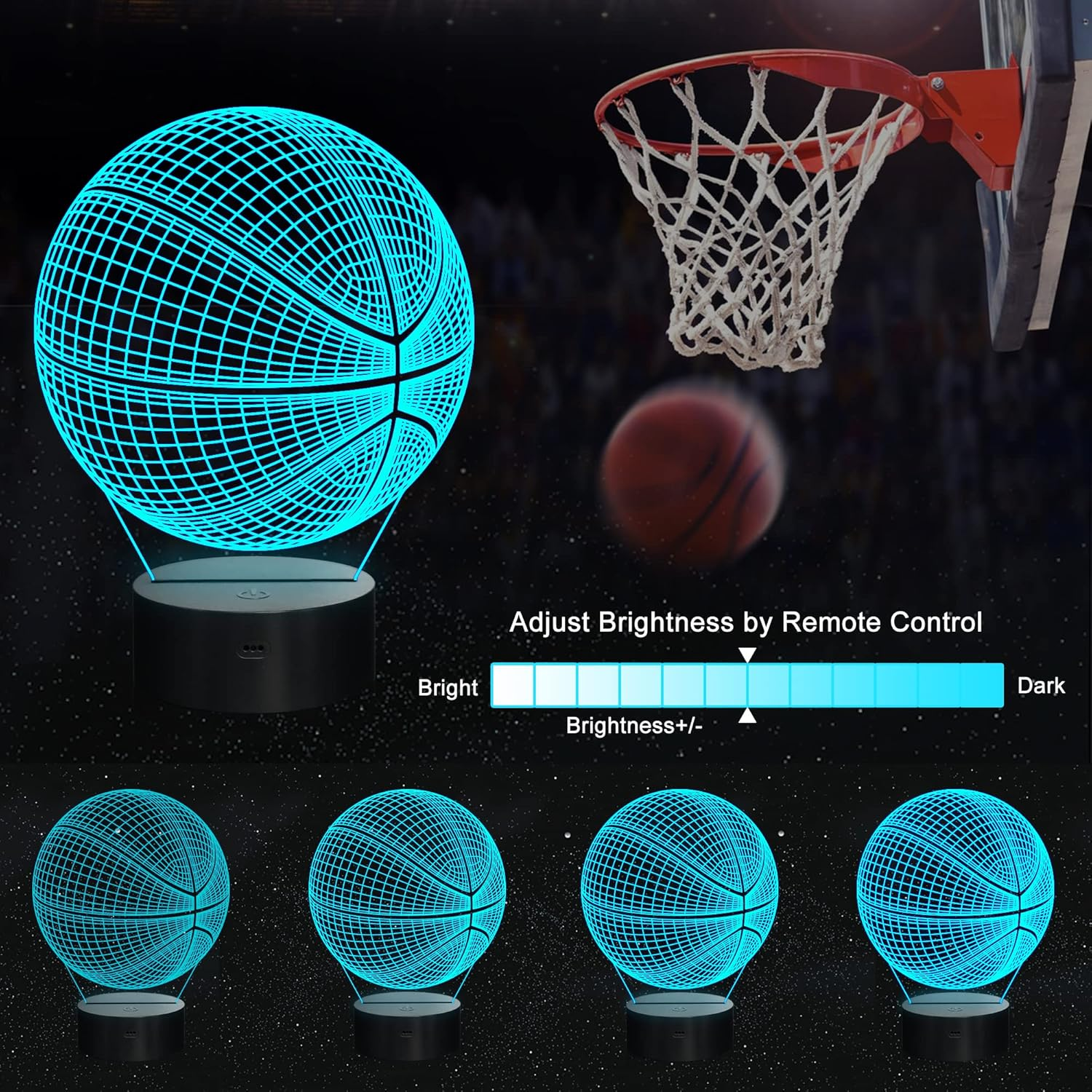 Basketball Night Light, Ammonite 3D Illusion Lamp 16 Colors Changing with Remote & Timer Boys Room Decor for Basketball Lovers Kids Boys Men image number 6