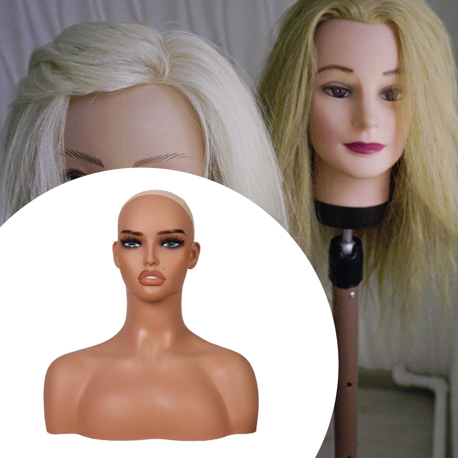 Eigell Realistic Female Mannequin Head Wig Display Stand PVC Female Mannequin Head with Shoulder for Necklace Wigs Making Styling image number 2