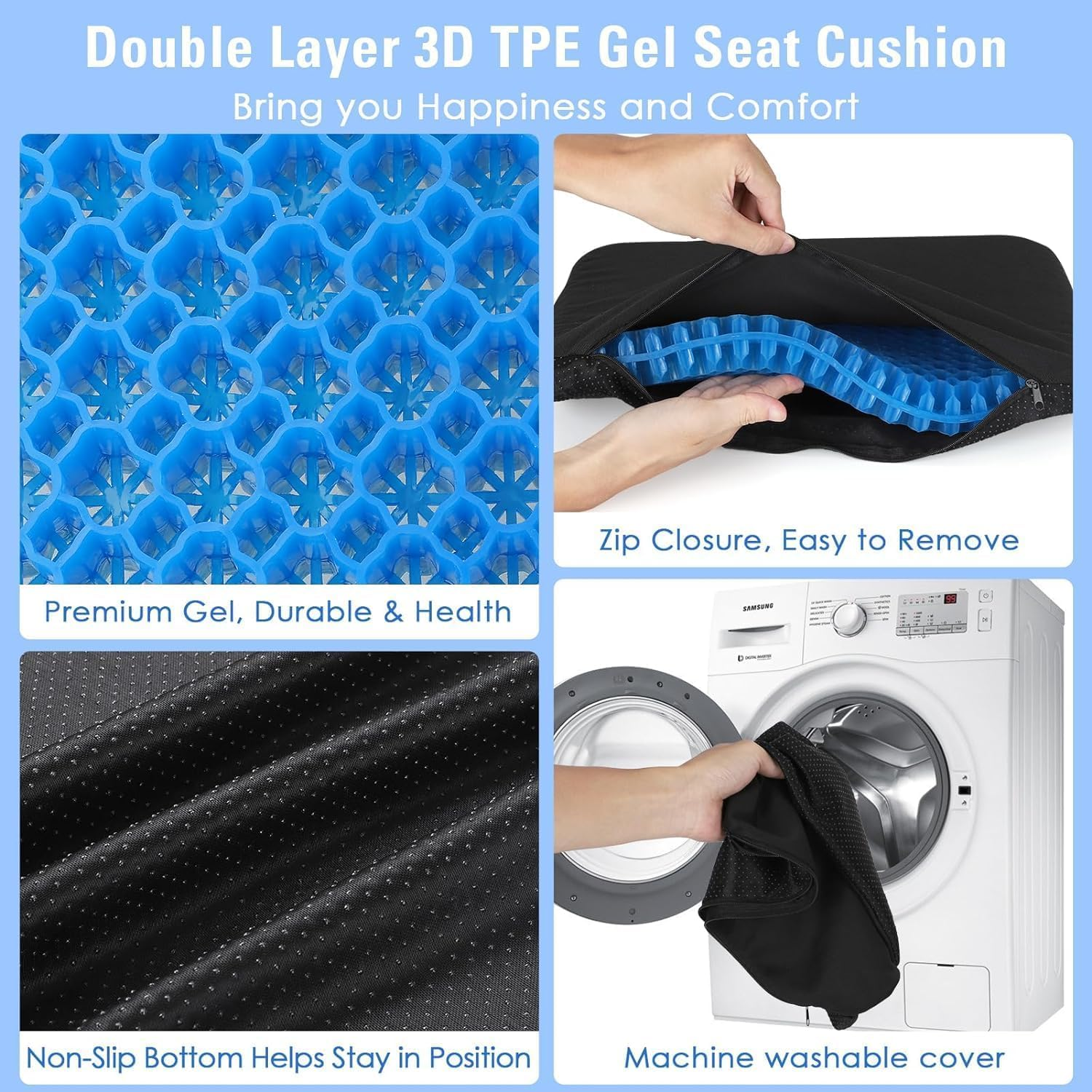 Gel Seat Cushion 2 Pack - Honeycomb Design Lumbar Support Cushion for Office Chair, Car Seat & Wheelchair | Pressure Relief & Cooling Gel with Non-Slip Cover | Soft Sitter Alternative image number 5