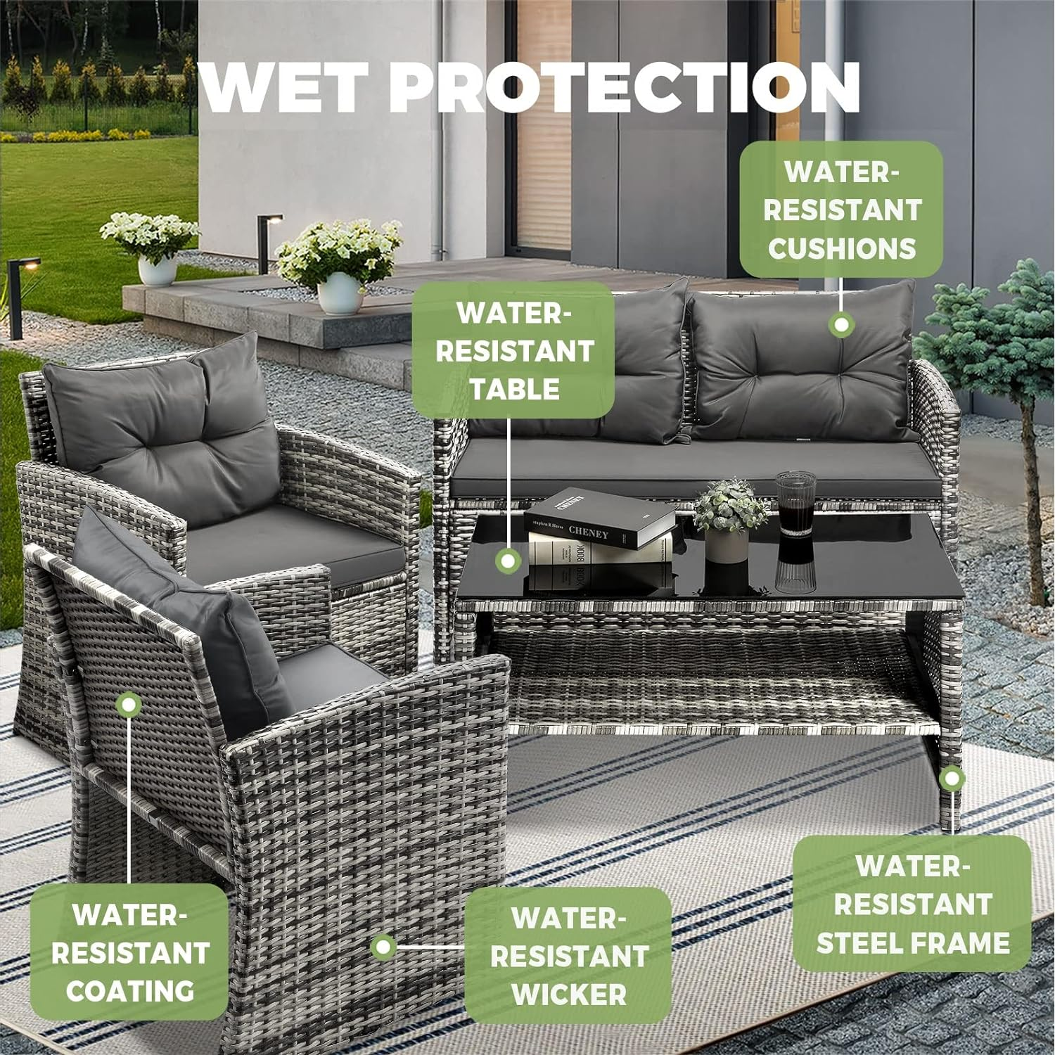 Livsip Outdoor Patio Furniture Set with Pillow and Cushion Wicker Material Table and Chairs 4Pcs Grey image number 2