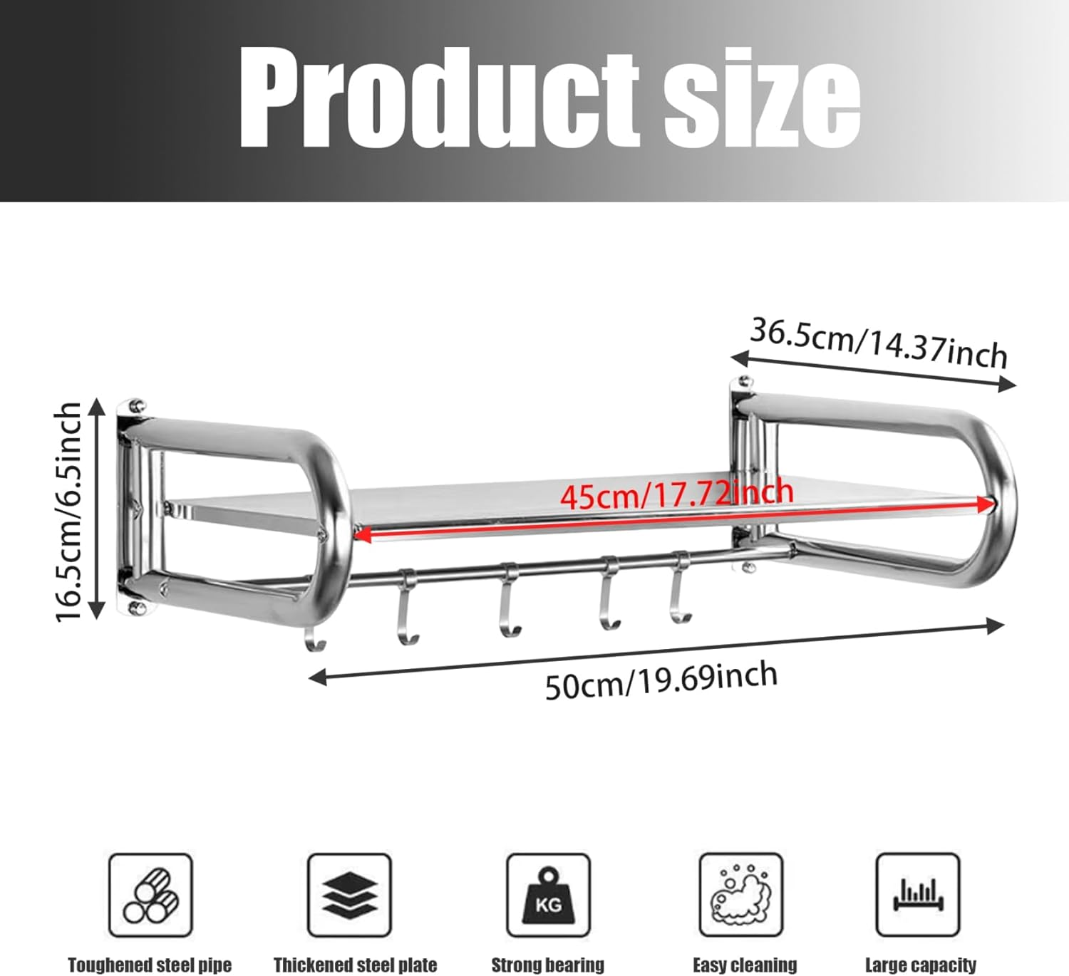 Microwave Oven Rack, Stainless Steel Microwave Oven Bracket, Wall Mounted Kitchen Rack with 5 Hooks, Maximum Load-Bearing Capacity 31Kg, Suitable for Kitchen Use image number 1
