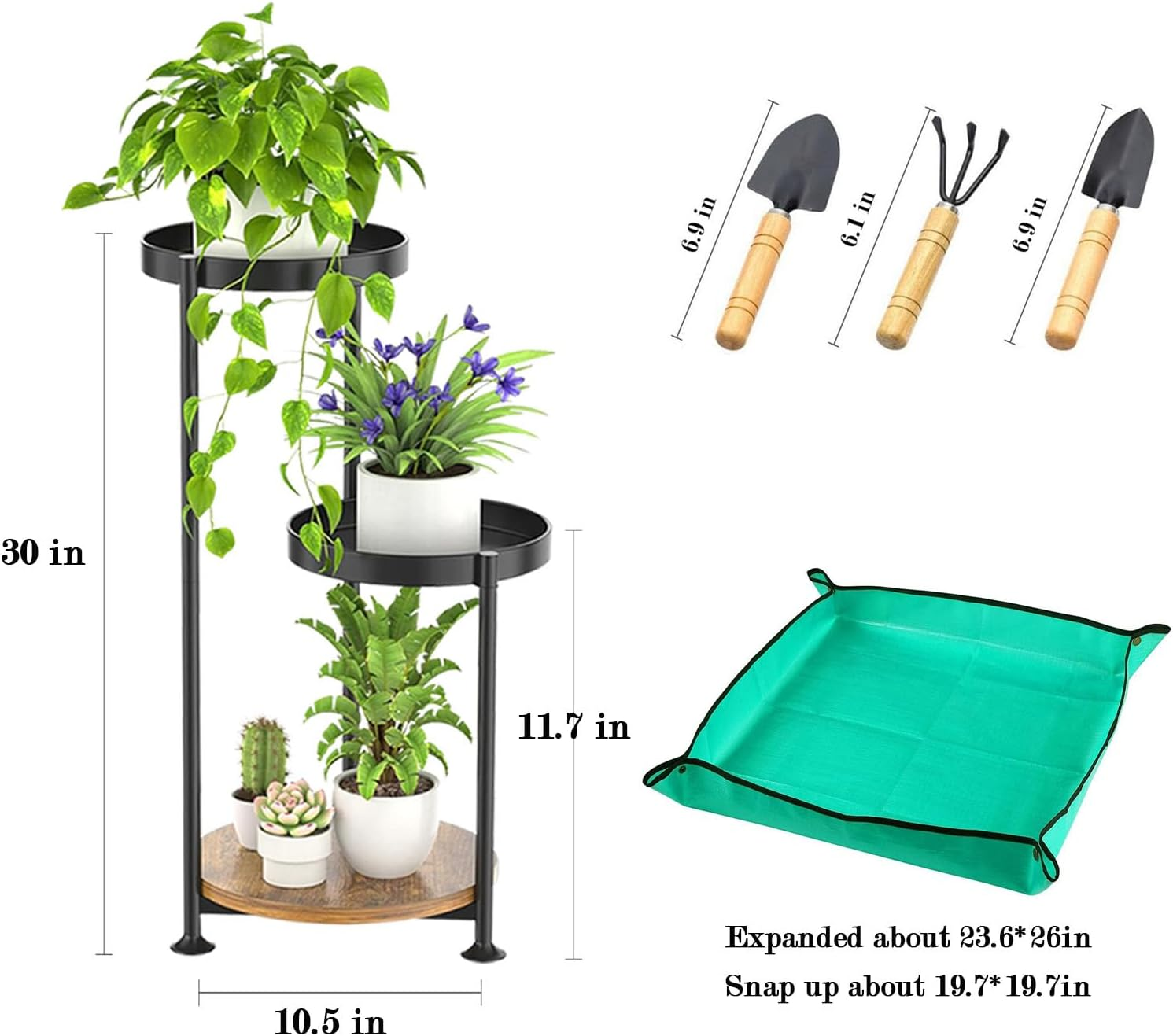 Plant Stand Indoor,3 Tier Plant Stand,Plant Shelf with Repotting Mat and Small Garden Tool,Metal Plant Stand for Outdoor Patio Living Room Bedroom Balcony Garden image number 6