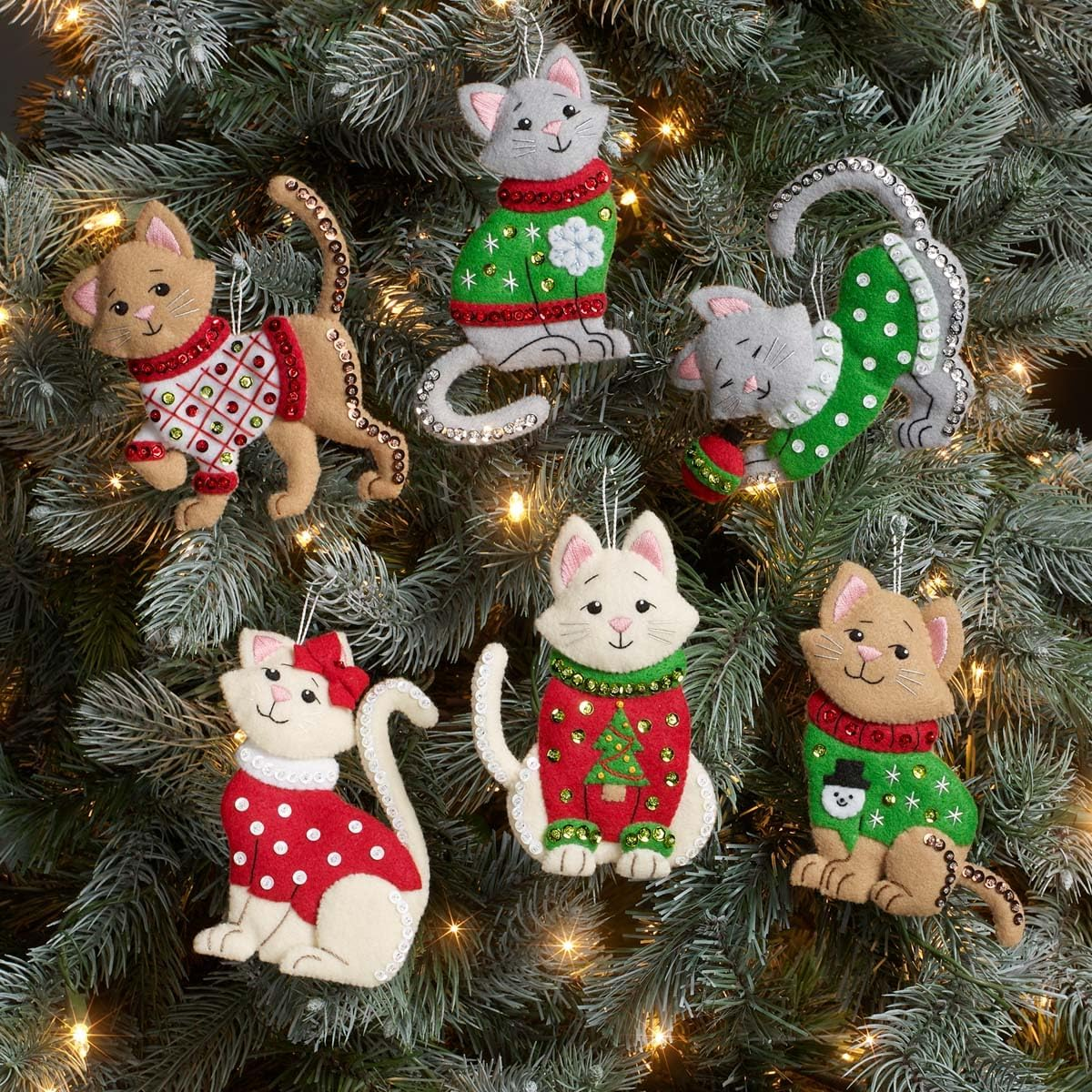 Bucilla Felt Ornaments Applique Kit Set of 6 Cats in Ugly Sweaters