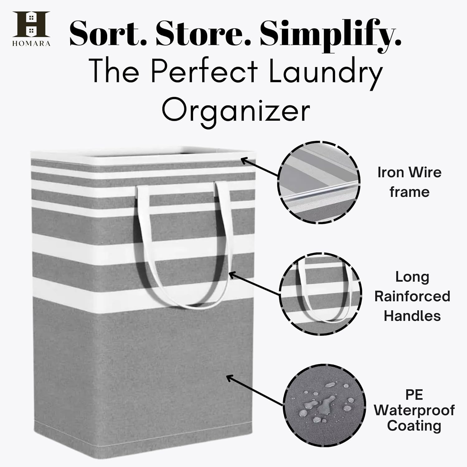 HOMARA Laundry Basket &ndash; Large Collapsible Hamper with Handles | Foldable & Waterproof Clothes Organizer for Home, Bedroom, Dorms & Travel &ndash; Gray image number 4