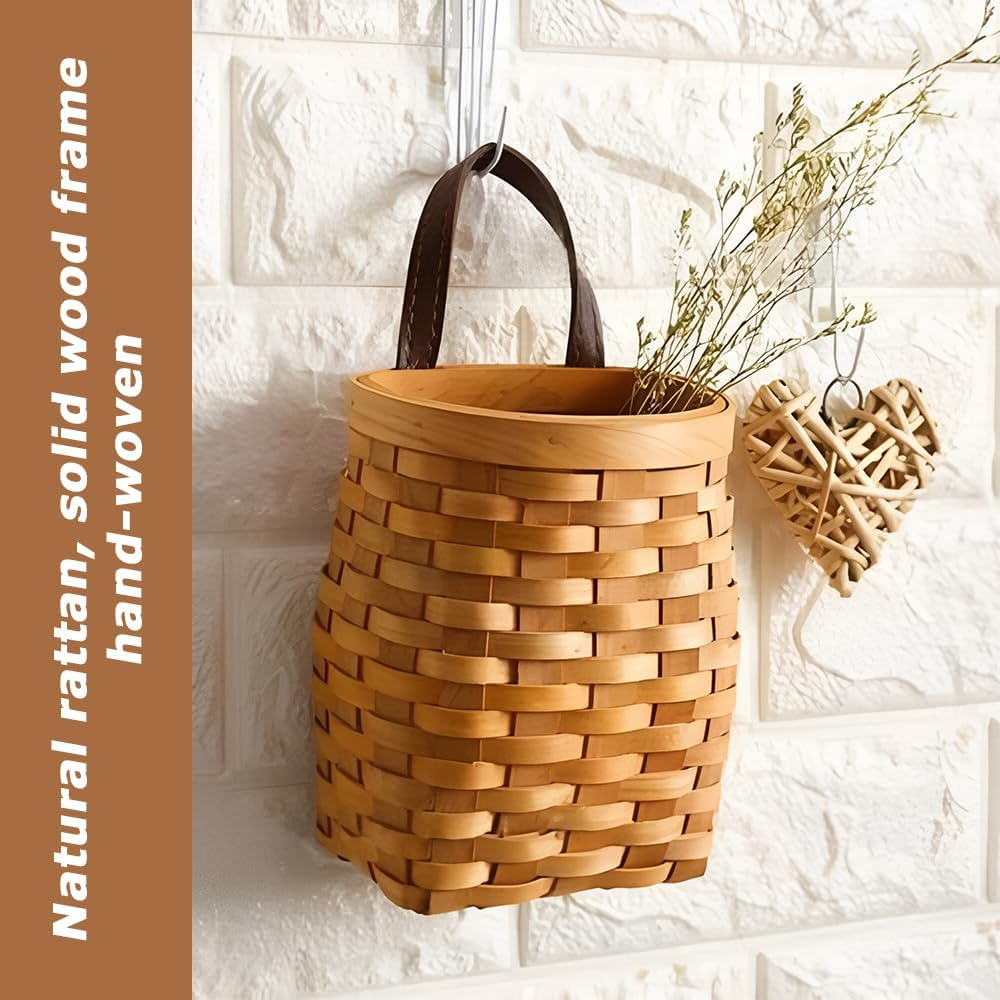 Rustic Woven Wood Hanging Basket, Small Vintage Style Woven Planter, Space Saving Organizer Basketry, Natural Finish, Farmhouse Charm, Perfect for Entryway image number 1