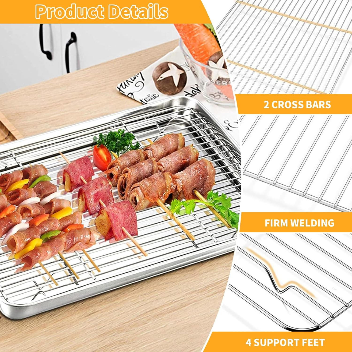 4 Pcs Baking Sheets & 4 Pcs Baking Racks, Oven Baking Pans, Stainless Steel Baking Pan Cookie Sheet with Cooling Rack, Sheet Oven Tray & Cooling Grid Rack Rust Warp Resistant Nonstick (23*17*2.5CM) image number 4