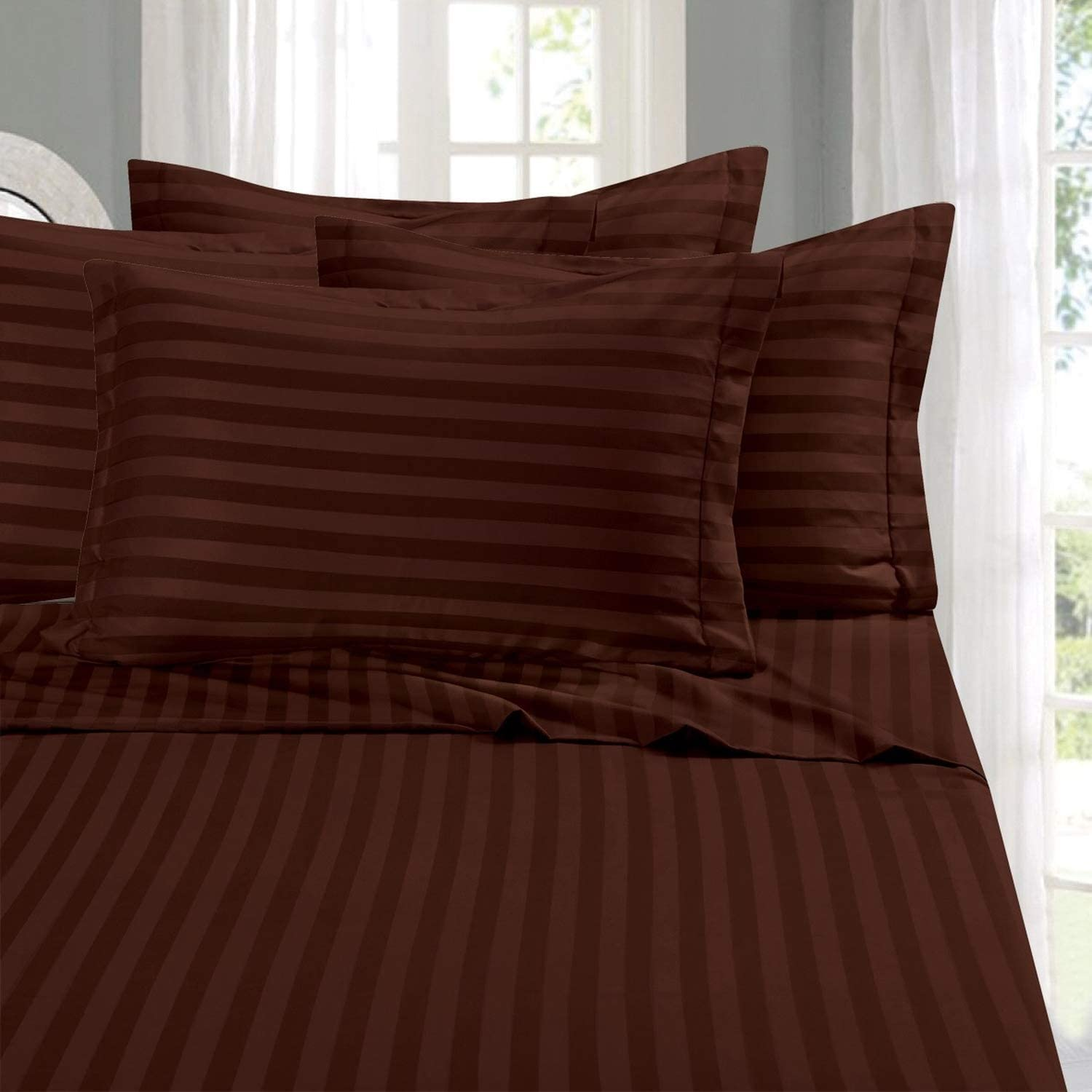 Elegant Comfort Softest and Coziest 4-Piece Sheet Set - 1500 Thread Count Egyptian Quality Luxurious Wrinkle Resistant 6-Piece Damask Stripe Bed Sheet Set, Twin, Chocolate Brown