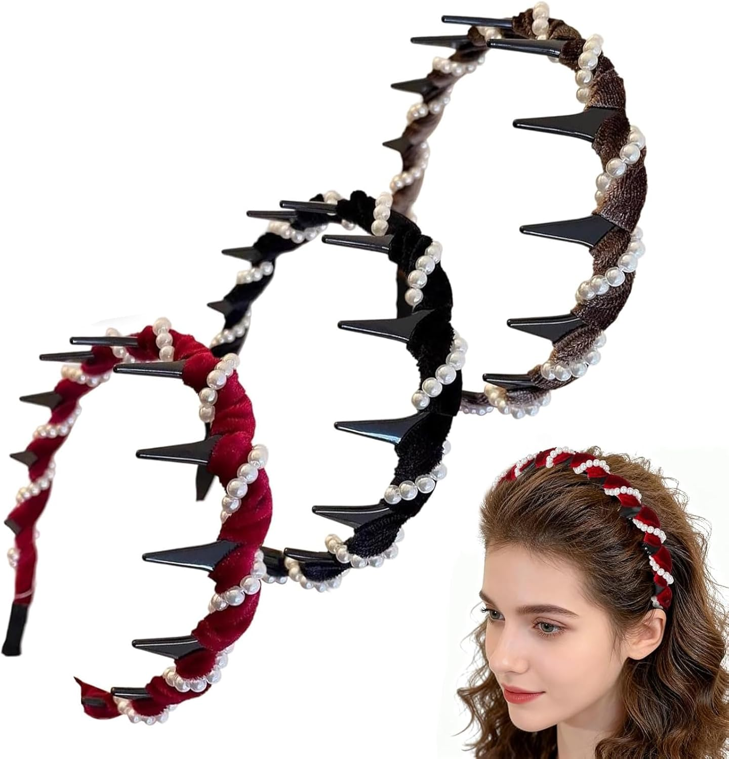 ASOMI 3 Pieces Vintage High Cranium Faux Pearl Headband, Elegant Pearl Headbands for Women and Girls, Decorative Hair Bands (Brown, Black, Red) image number 4