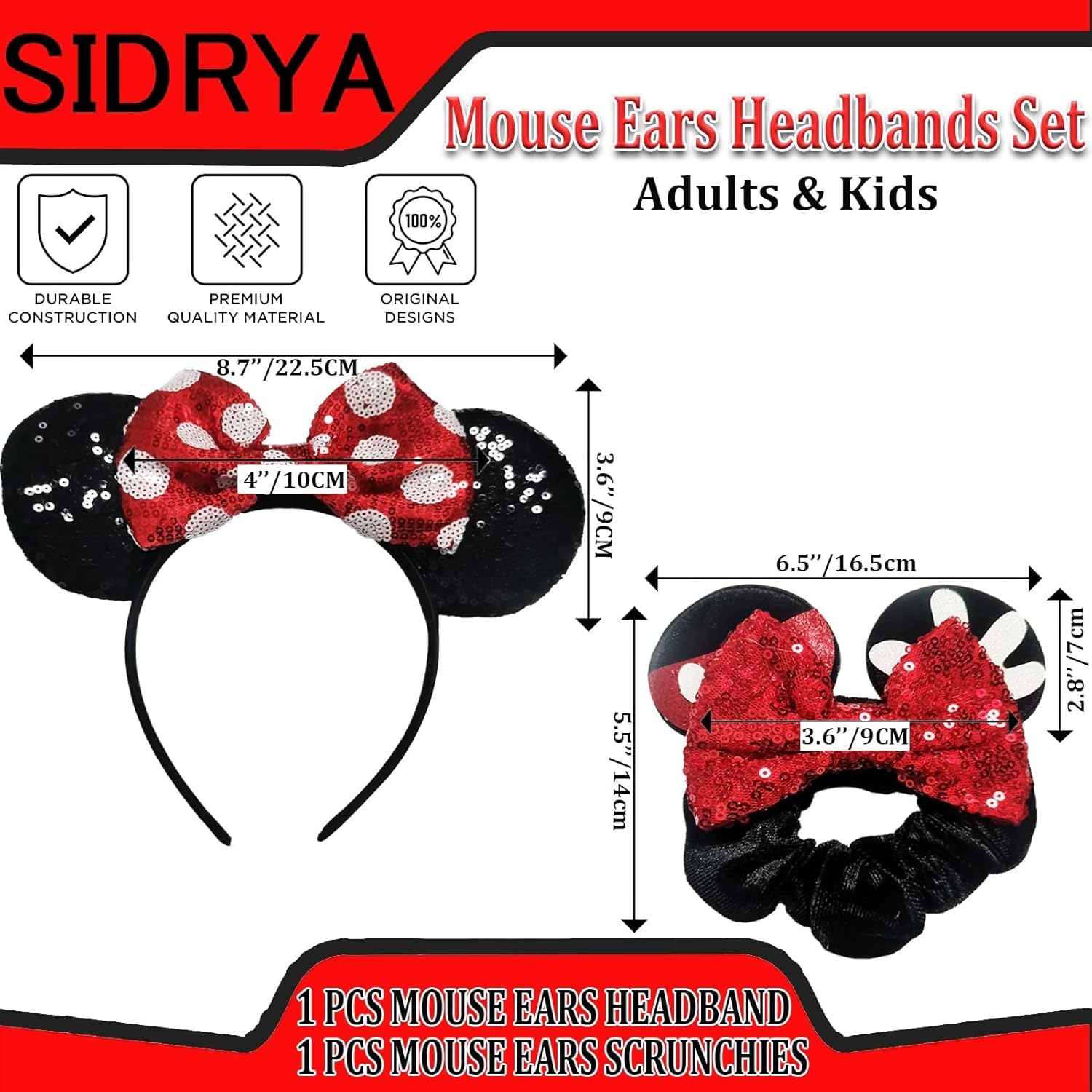 1 Pcs Shiny Mouse Ears Headband with Sequin Bows and 1 Pcs Sequin Mouse Ears Velvet Scrunchies with Bow Hairs Accessories Elastic Rubber Hair Band Cute Hair Ties Rope Ponytail Holder Sparkle Bow Girl Headwrap for Toddler Baby Boys Girls Women Adult Kids Birthday Party Celebrations Gift Amusement Park (Red) - Red image number 4
