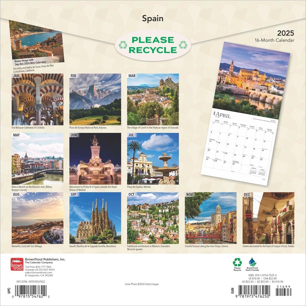 Spain | 2025 12 X 24 Inch Monthly Square Wall Calendar | Plastic-Free | Browntrout | Travel Europe Madrid Barcelona image number 4