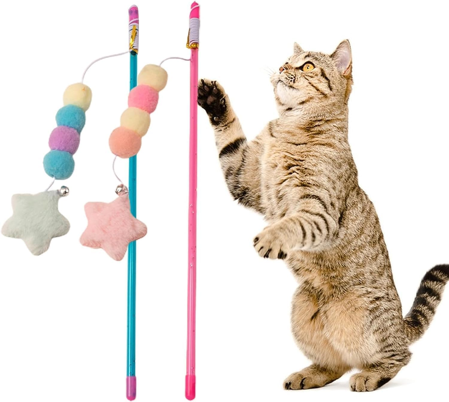 Hehglng Pink Cat Stick Toy Elastic Rope Plush Ball Star Pendant Bite-Resistant Comfortable Grip Relieve Boredom Handmade Kitten Teaser Wand Cat Mice and Animals Toys image number 4