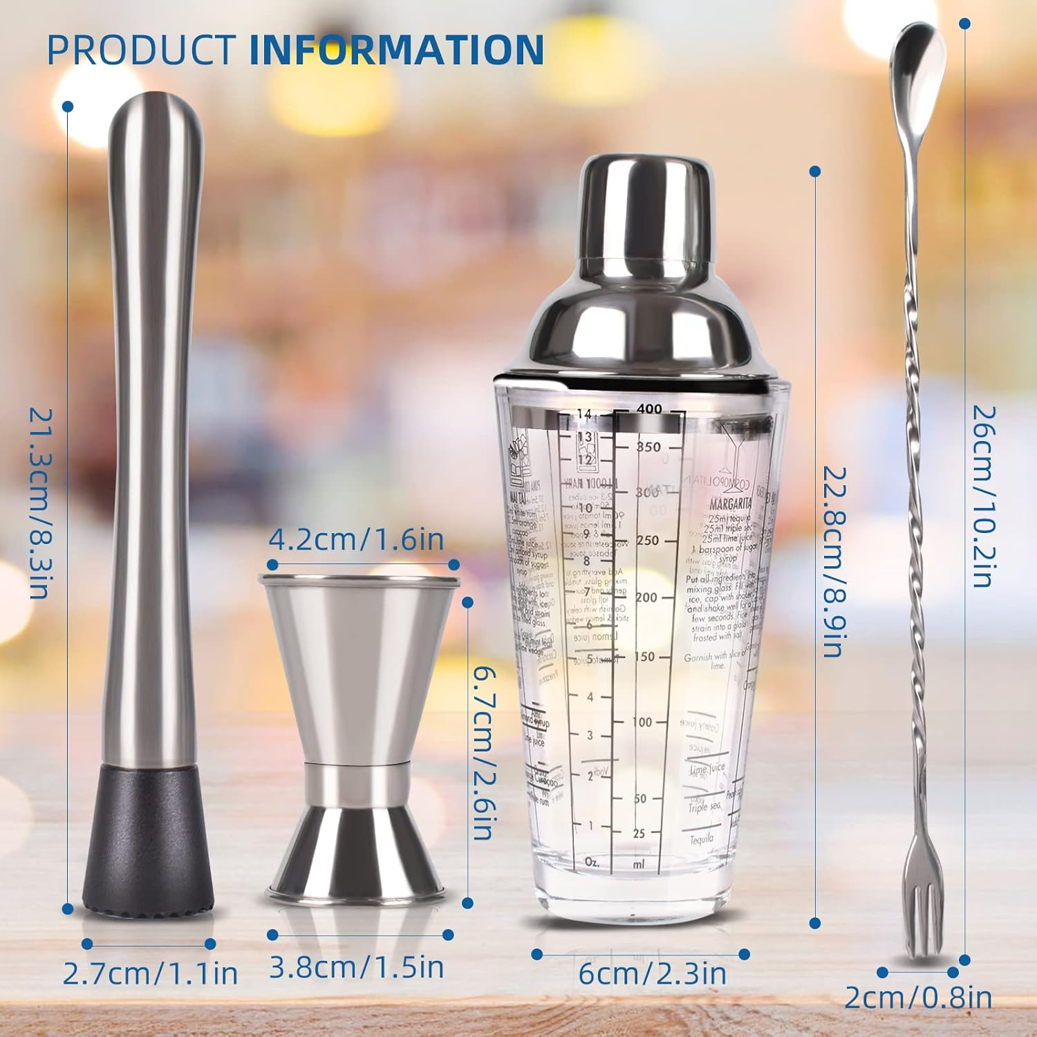 Cocktail Shaker, Mixer, Glass Shaker 14 Oz with Measuring Cup and Mixing Spoon and Stainless Steel Bartender Set image number 1